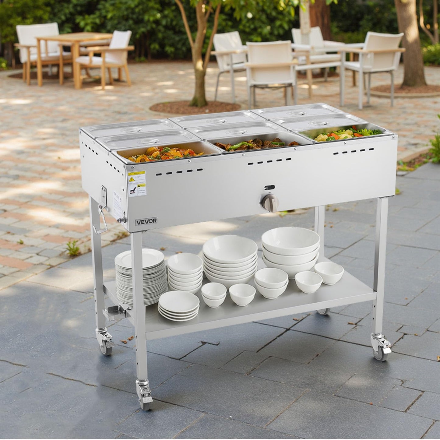 VEVOR 9-Pan Commercial Propane Steam Table, LP Gas Outdoor Soup Warmer with Drain Valve and 3" Wheels, Stainless Steel Propane Food Warmer with Adjustable Temperature, for Restaurant Outdoor Camping