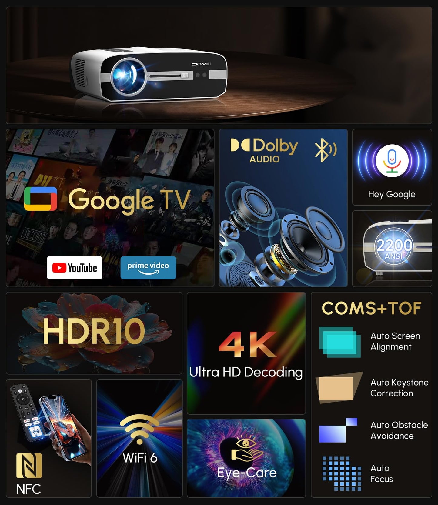 4K Daylight Projector Google TV 2200 ANSI Lumens, HDR10 Smart Home Theater Projector with WiFi6 Bluetooth, TOF Autofocus, Dolby Audio,3-Brightness, HDMI eARC Outdoor Movie Projector