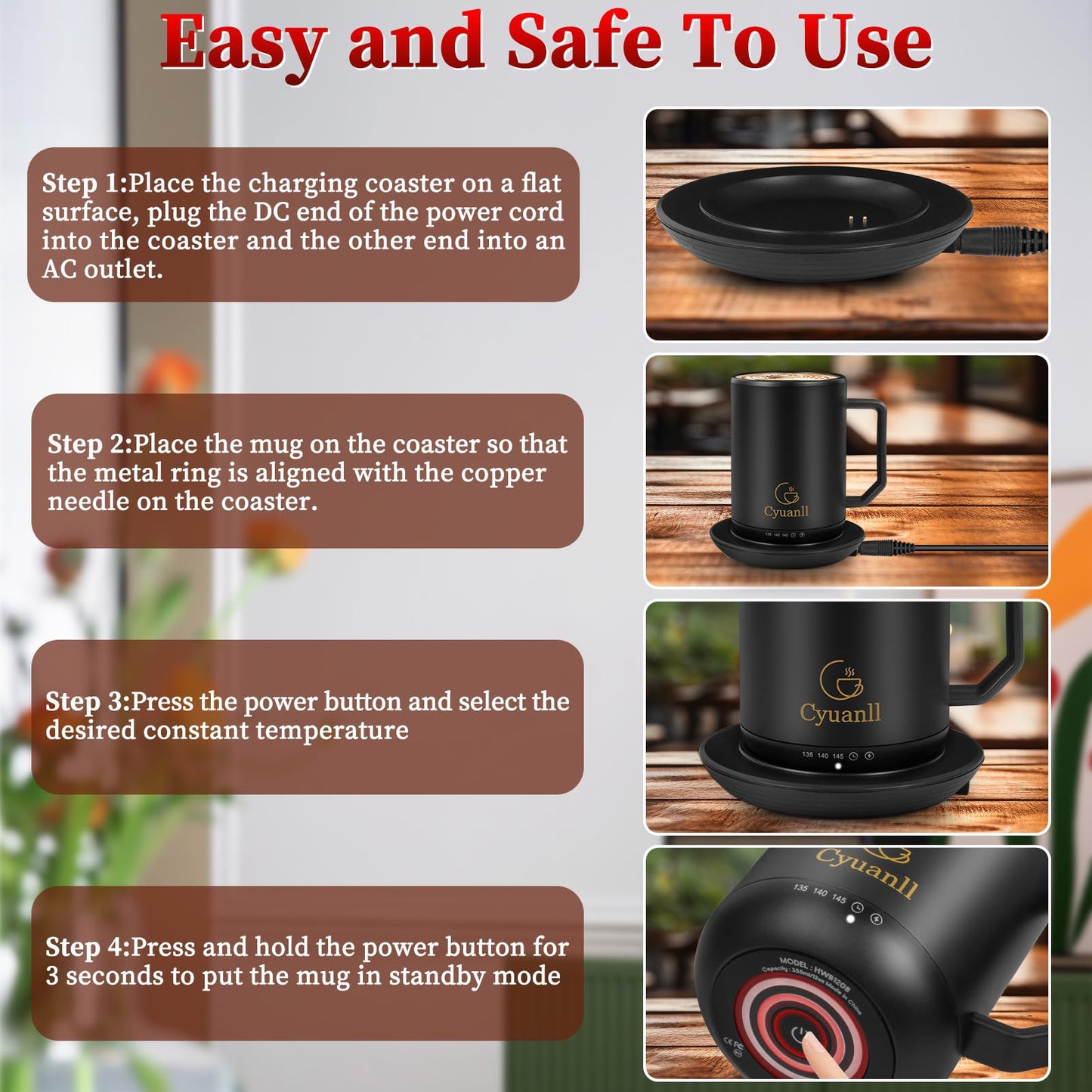 Upgraded Heated Coffee Mug with Auto Shut-Off Function,Self-Heating Temperature Control Mug with Lid and Spoon,Smart Mugs Warmer for Coffee,3 Temperature Settings,Gifts for Men and Women(Black-12 oz)