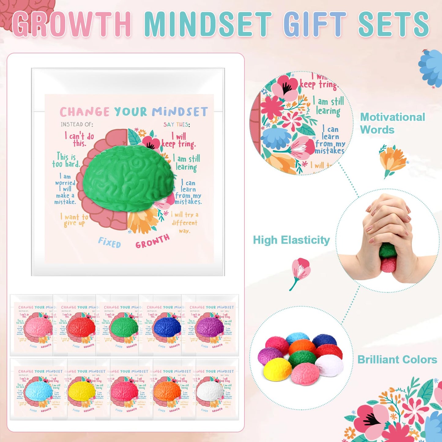 Hollowfly 100 Set Growth Mindset Gift Brain Stress Balls Bulk with Motivational Cards Back to School Stress Balls Gifts Funny Relief Toy for Students Classroom Employee Appreciation for Coworker