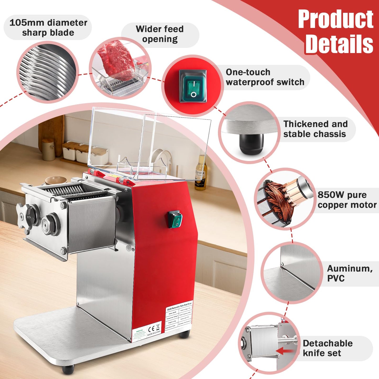 ARLUMA Meat Cutter Machine,850W Commercial Meat Slicer,Stainless Steel Electric Meat Slicer Machine for Home Kitchen,Restaurant,Supermarket (5MM)