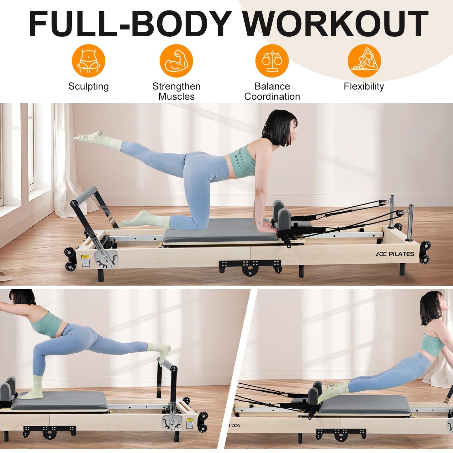 AOC PILATES Pilates Reformer, Wooden Foldable Pilates Reformer Machine with 6 Springs, Box, Padded Jump Board, 660lbs Capacity for Home Workouts Studio Gray