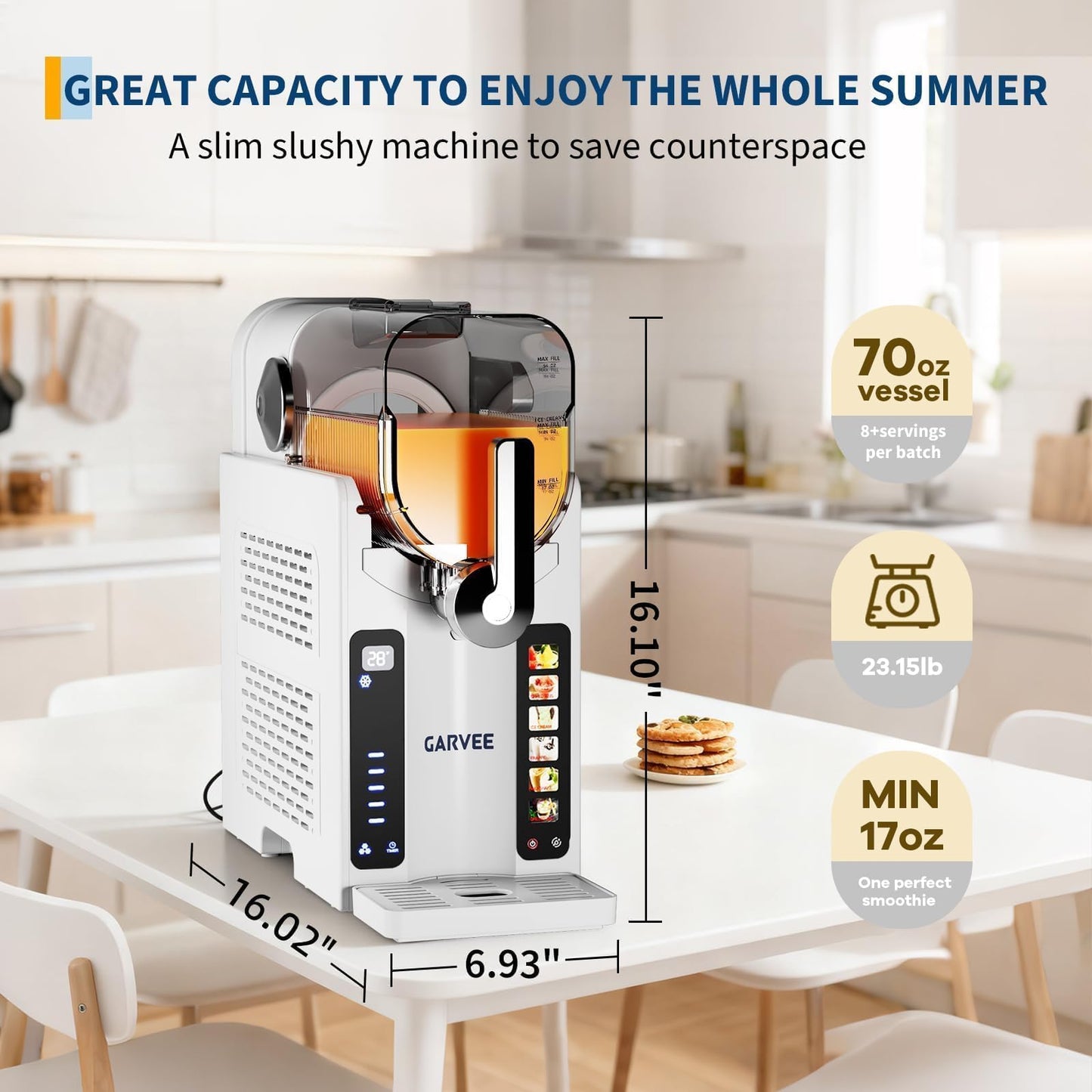 Home Slushy Maker with 12H Timer – Ice-Free Frozen Drink Machine with LED Display & 6 Preset Modes – 70 oz Large Tank for Margaritas, Daiquiris & Ice Cream, White