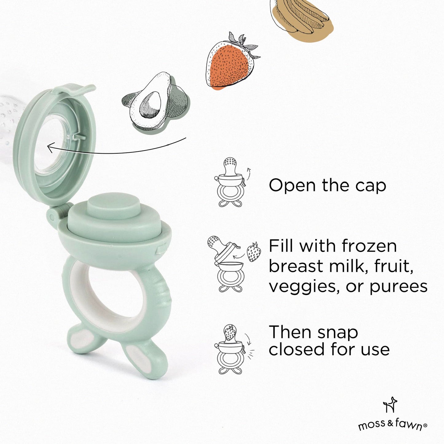 Moss and Fawn Little Explorer Kit - Silicone Frozen Breast Milk Popsicle Kit with Forage Feeder, Teething Popsicle Ice Cube Tray, & Gather & Roll Baby Feeding Bib - BPA, PVC, & Lead-Free - Fern