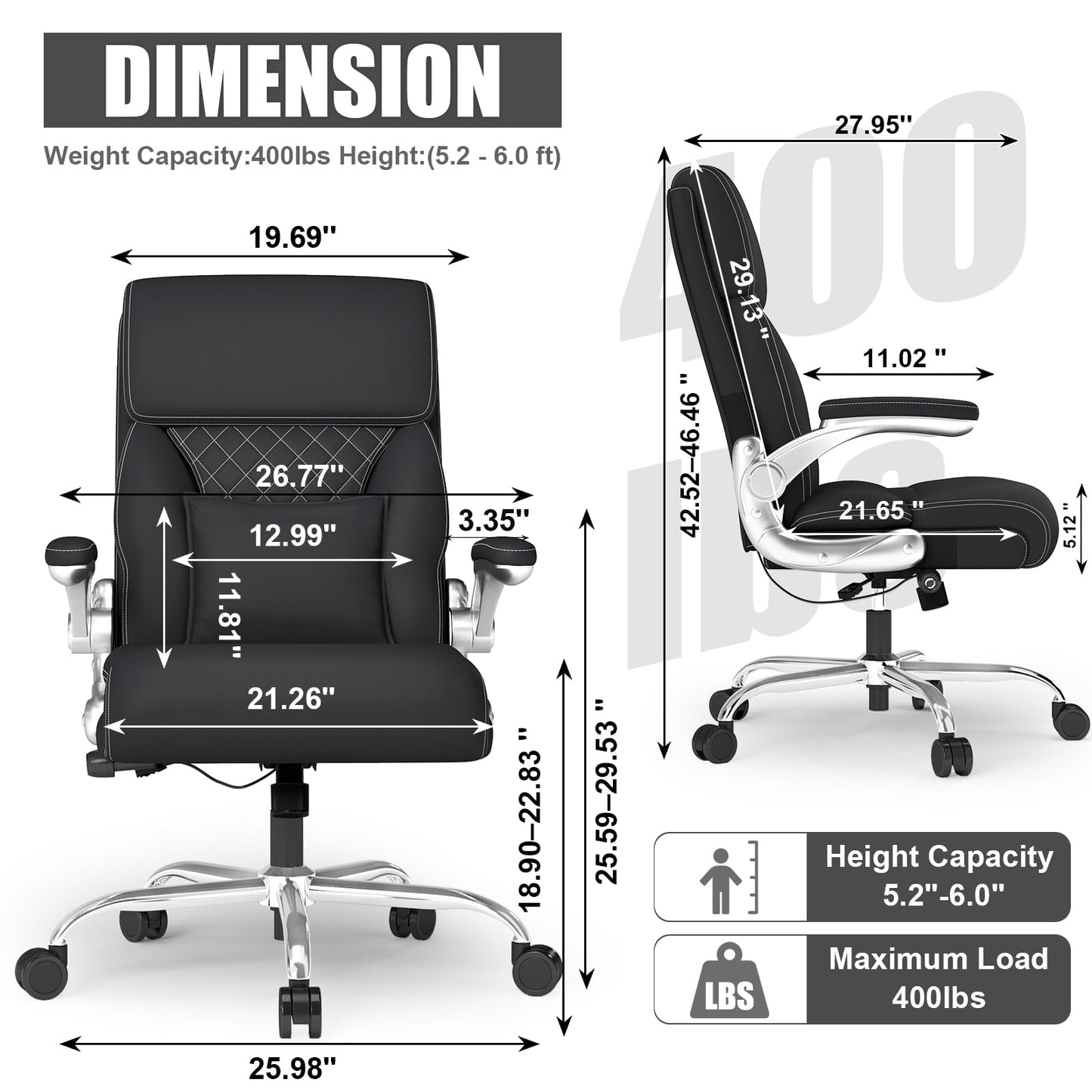 Big and Tall Ergonomic Leather Office Chair with Adjustable Lumbar Support, Flip-Up Armrests Desk Computer Chair, Swivel PC Chair with Rocking Function