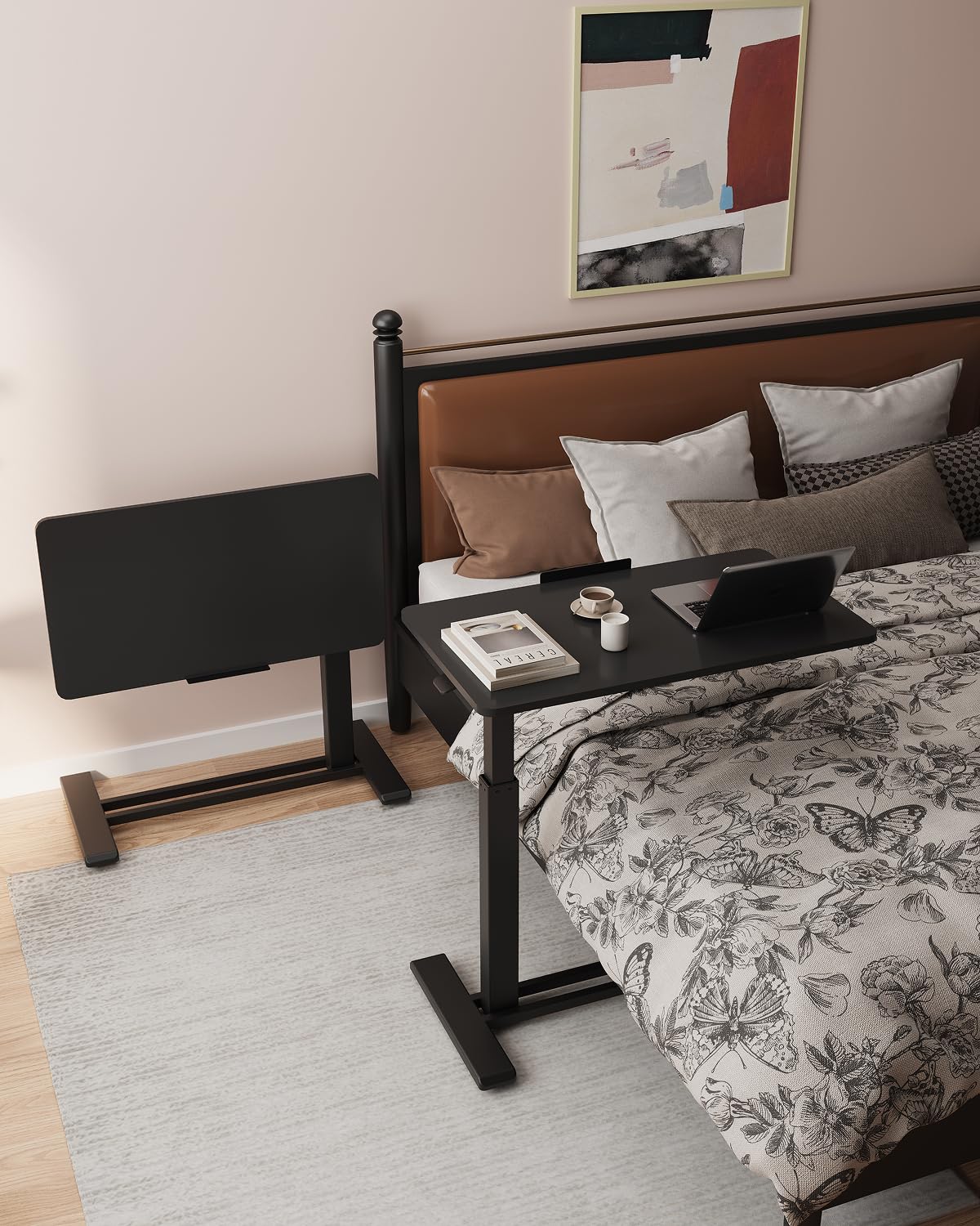 FLEXISPOT H7 PRO Mobile Standing Desk Adjustable Overbed Table Pneumatic with Wheels 90°Tiltable Portable Laptop Desk Rolling Computer Cart Foldable Bedside Table(31.5" W x 17.7" D D, Black)
