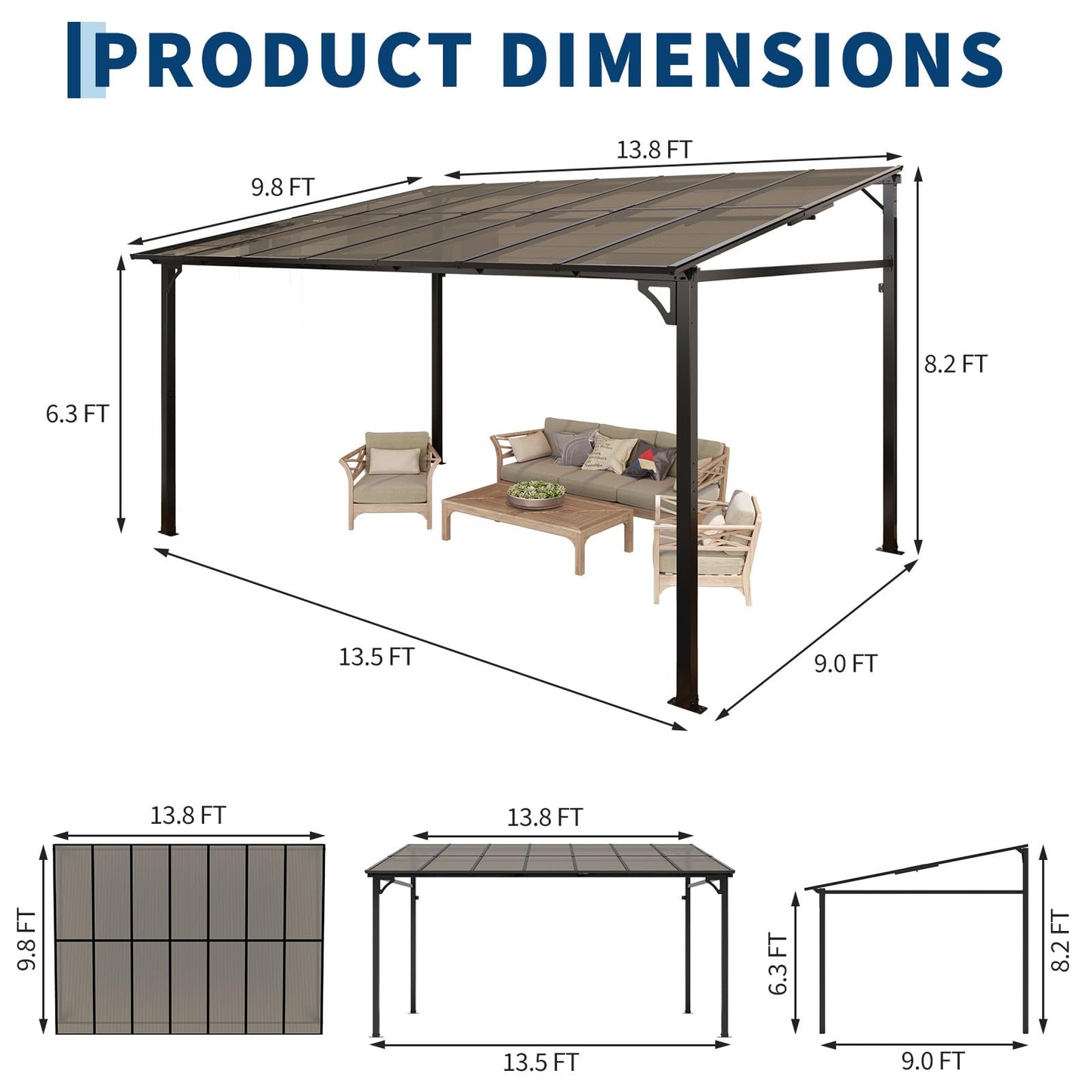 PeakPursuit Wall-Mounted Hardtop Gazebo Pergola - Heavy Duty Aluminum Frame - Waterproof Lean-to Patio Awning with UV Protection - Outdoor Shelter for Deck, Porch, Backyard - 10 * 14FT