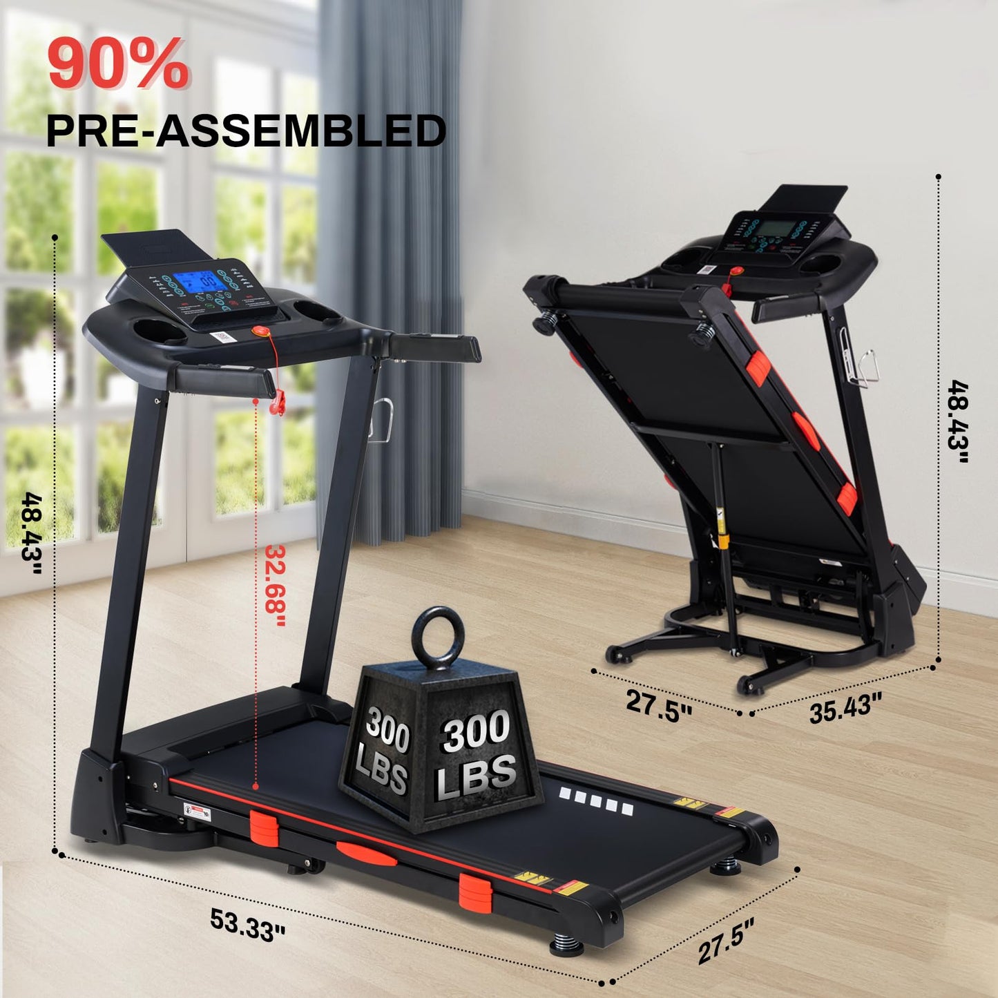 Treadmill with Incline,15-Level Auto Incline, 18" Wide Belt, 350lb Capacity, 3HP, 0.5-10 MPH, 36 Programs Running Treadmills for Home with Bluetooth APP