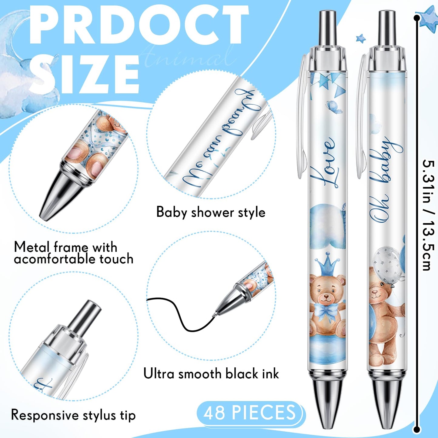 Chuangdi 48 Pcs Baby Shower Pens, Bulk Party Favors for Guests, Retractable Ballpoint Pens Black Ink, Baby Shower Gifts & Game Prizes(Cute Bear)