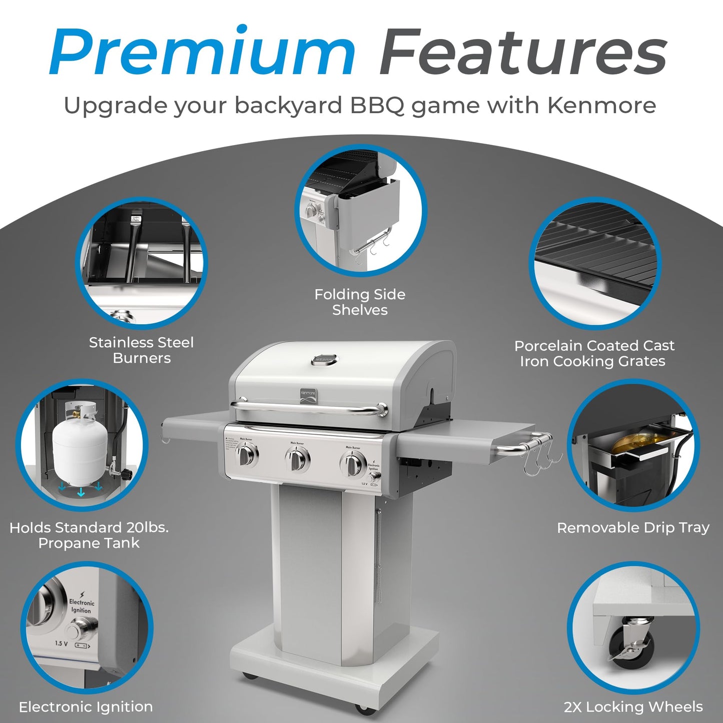 Kenmore 3-Burner Outdoor BBQ Grill | Liquid Propane Barbecue Gas Grill with Folding Sides, PG-A4030400LD-PE, Pedestal Grill with Wheels, 30000 BTU, Pearl White