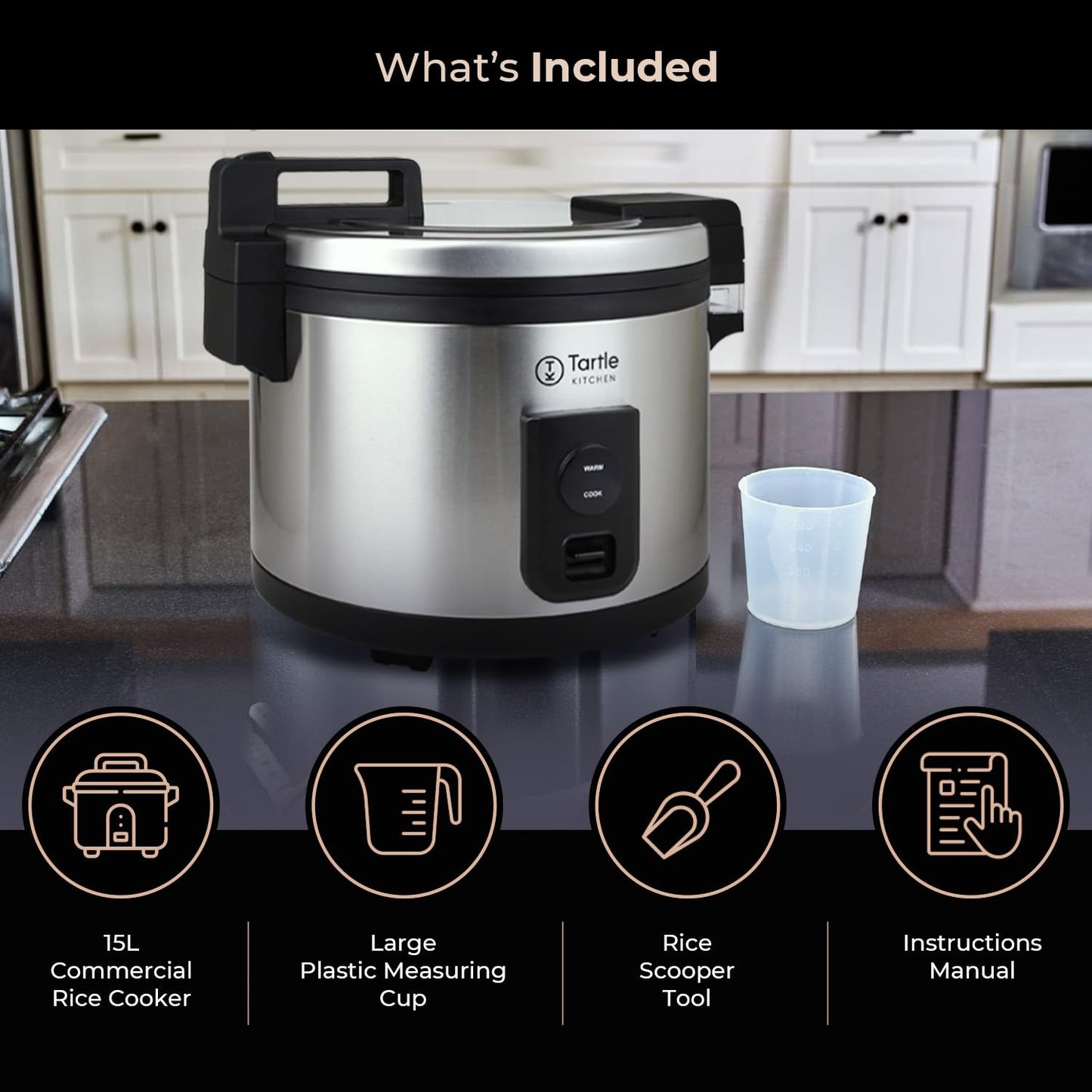 Commercial Stainless Steel Rice Cooker - Professional 64 Cup Cooked (32 Cup Uncooked) Rice Maker Cooker With Non Stick Pot & Hinged Lid - Includes a Rice Measuring Cup & Rice Scoop
