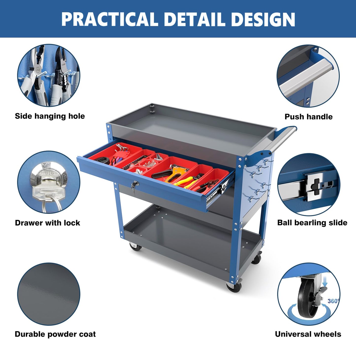 AIRAJ 3 Tier Rolling Tool Cart on Wheels | Mechanic Tool Cart with Drawers | Utility Carts for Garage,Repair Room,Warehouse Workshop | Work Carts with Hooks,Liners,Tray Dividers,Brake | Blue