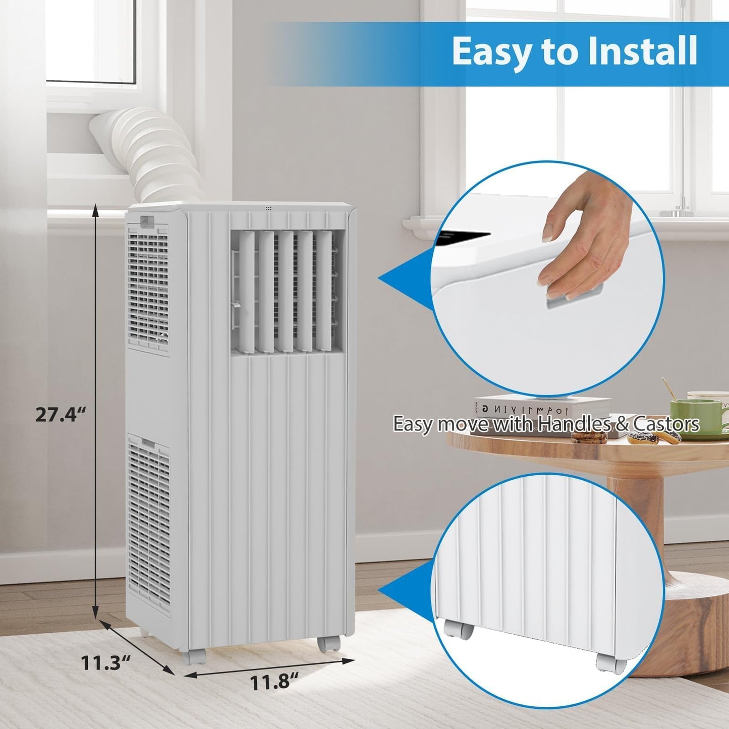 Portable Air Conditioner with 8,000 BTU Cooling Power – 3 Modes (Cool, Dehumidify, Fan) for Rooms Up to 350 Sq.Ft, Includes Remote, 24H Timer & Easy-Install Window Kit