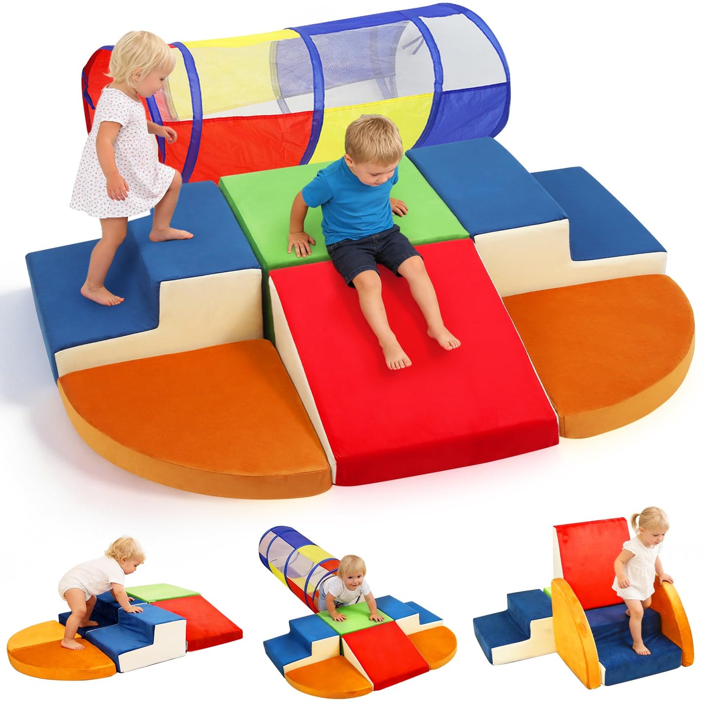 Ancaixin 7-Piece Baby Foam Climbing Blocks with Crawl Tunnel, Soft Foam Climbing Blocks for Toddlers,Baby Play Gym, Indoor Toddler Climbing Toys, Soft Play Set, Birthday Gifts for Boys and Girls