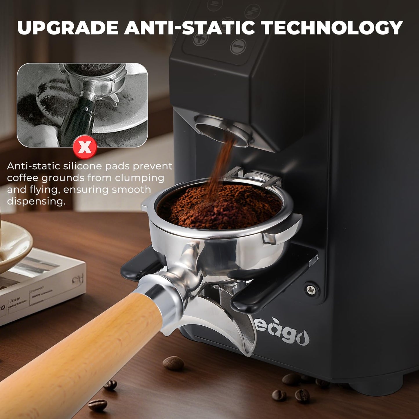 Flyseago Commercial Coffee Grinder Heavy Duty - 64mm SS Flat Burrs, 8 Precise Settings, Button Control, 35oz Hopper, Business and Home Use, Black 400W