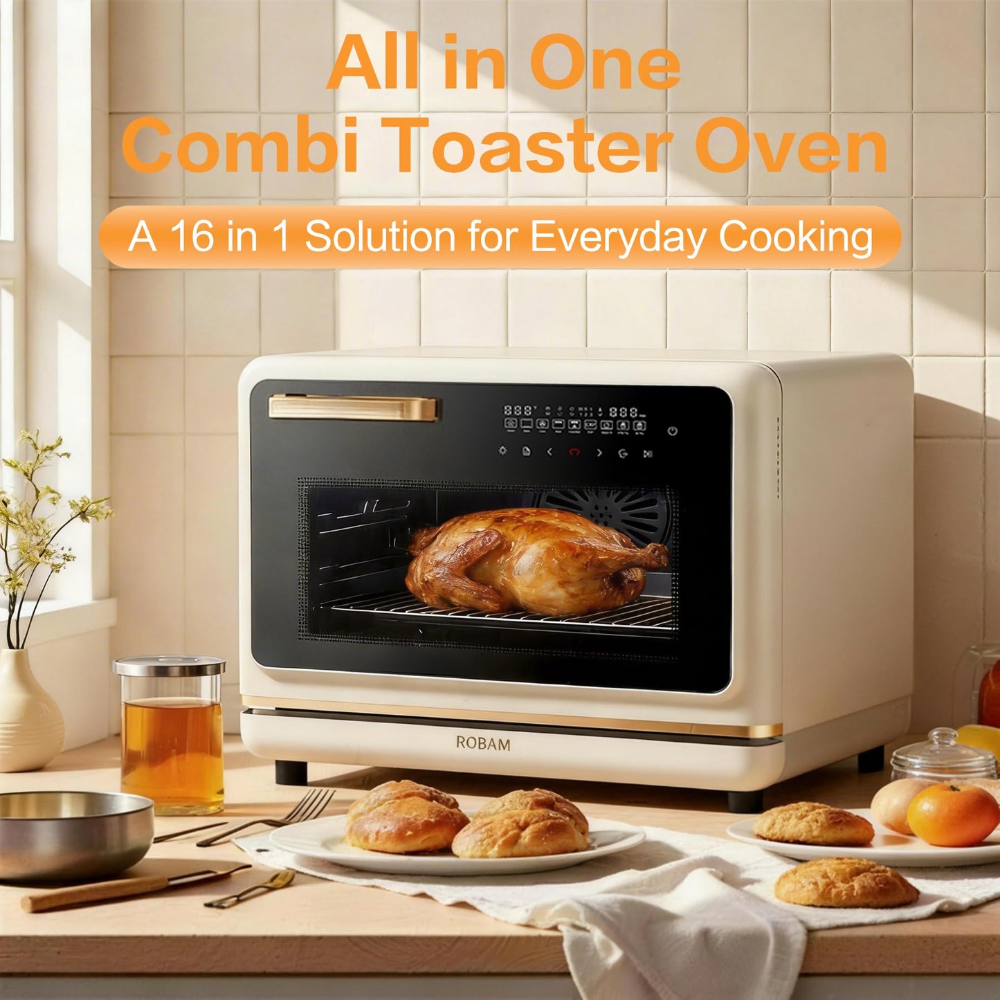 ROBAM Toaster Air Fryer Oven Combo, Countertop Convection Cooker with Bake & Fry, 1.2 Cu.Ft Large Capacity Combi Steam Oven, 32 Preset Recipes, Smart Touch Precise Temp Control, Multi-Stage (White)