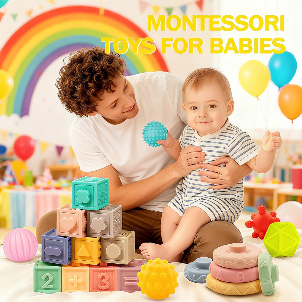 ELLECK Baby Montessori Sensory Toys for 0-6 6-12 Months, Teething Toys for Babies 0 3 6 9 12 18 Months, Infant, Newborn Rattle Teether, Blocks, Soft Stacking Rings, Ideal Baby Boy Girl Gifts Set