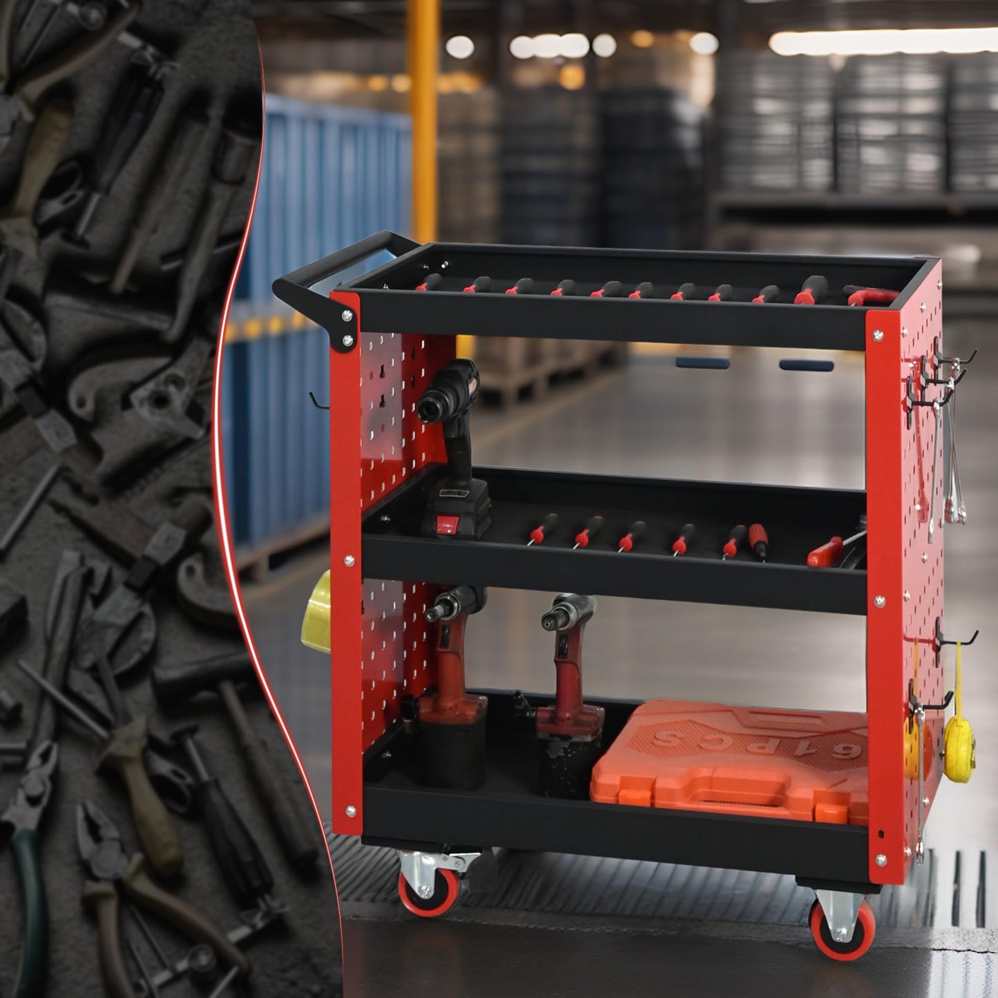 XCX 3 Tier Rolling Tool Cart on Wheels, 660LBS Load Capacity Heavy Duty Utility with Pegboard for Repair Shop, Garage, Warehouse, Workshop