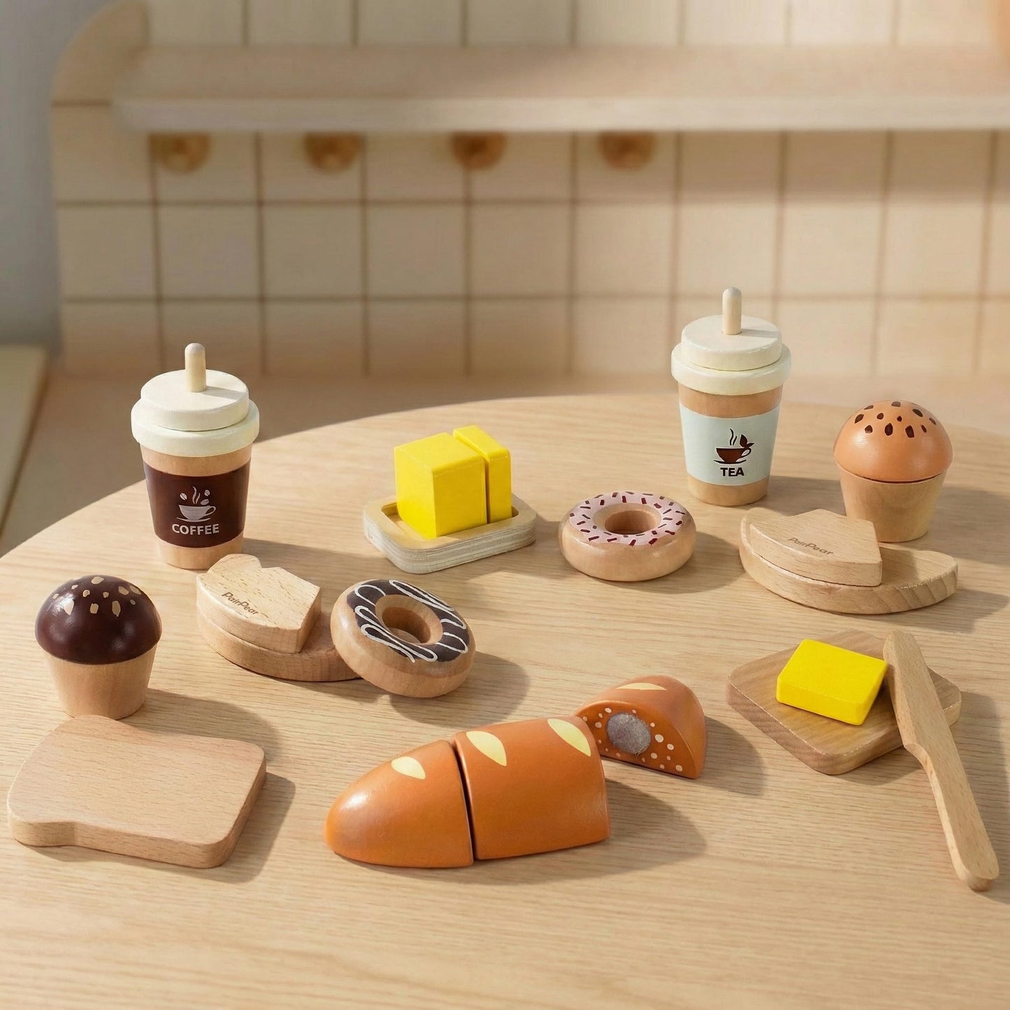 PairPear Wooden Bakery Play Food Set, Pretend Play Kitchen Accessories with Shopping Bag, Kids Cutting Food Gift for Boys and Girls Ages 3+