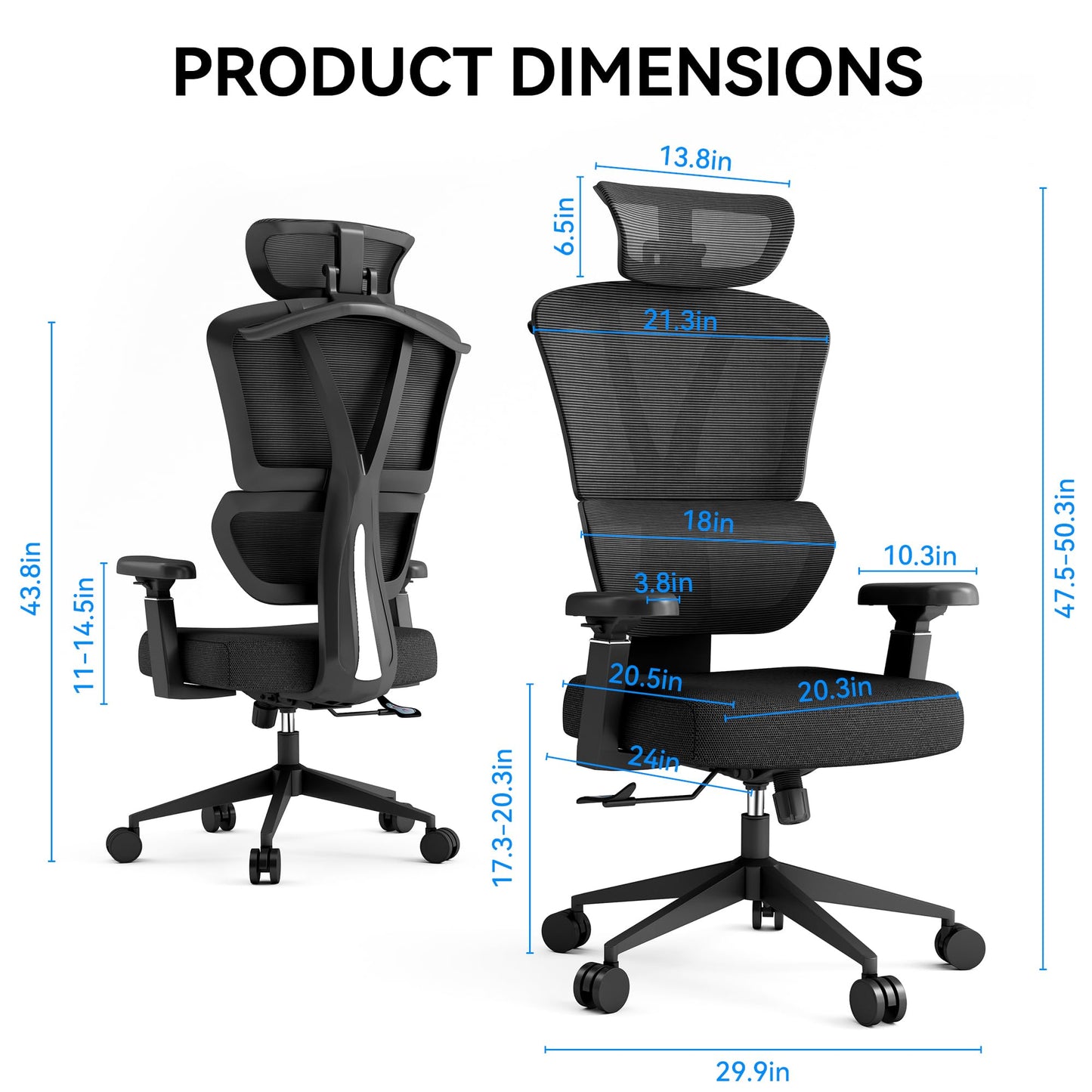 BIKIGIRL Ergonomic Office Chair Mesh High Back Computer Desk Chair with Lumbar Support, Adjustable Headrest, 3D Armrests, Tilt Lock for Home Office & Gaming