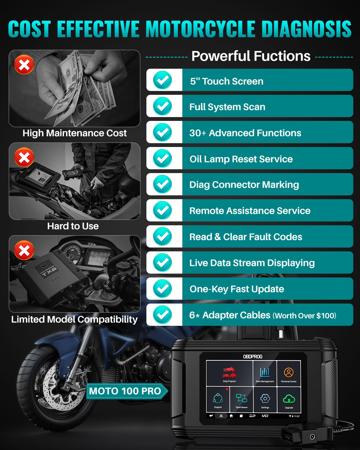 OBDPROG Moto 100 Pro Motorcycle Full-System Diagnostic Tool, Quick Service Resets, Active Tests & Advanced System Functions, Fits for BMW, Honda, Yamaha, KTM, Triumph & Ducati