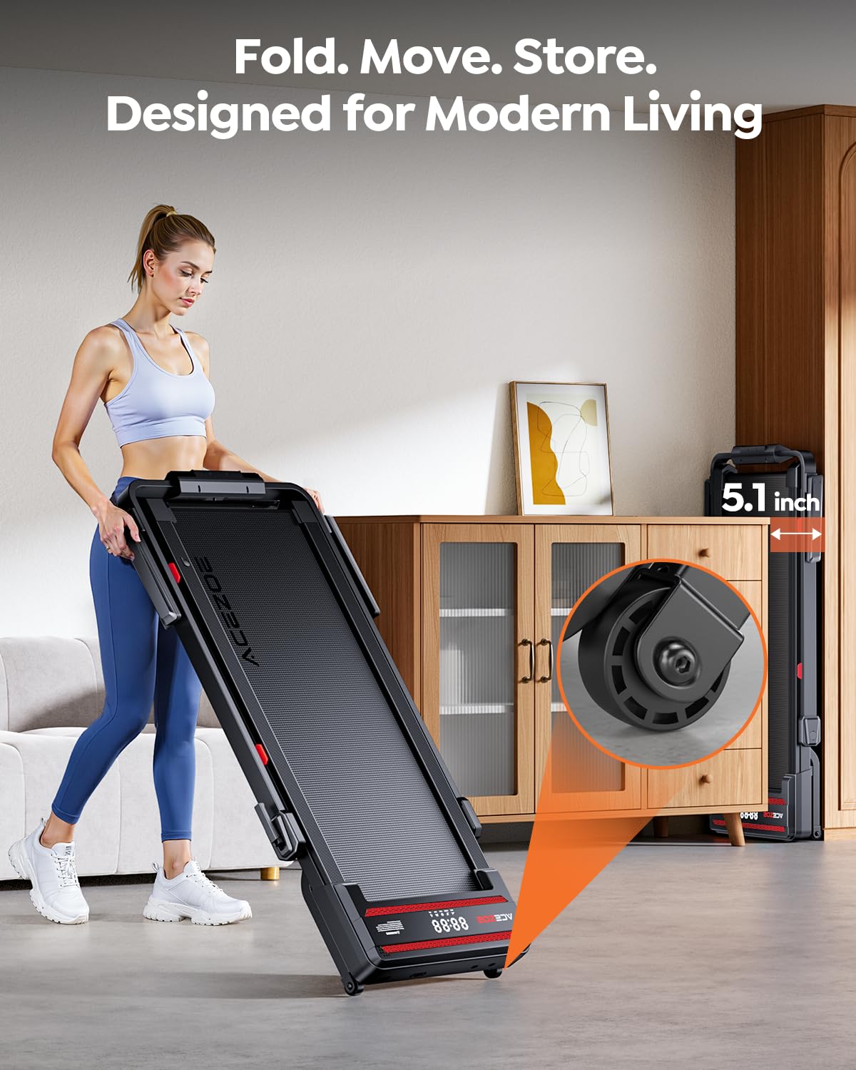 Foldable Walking Pad with 0-15% 9-Levels Auto Incline and Handle Bar, Under Desk Treadmill with 300LBS Weight Capacity, 3.0HP Quiet Treadmills for Home with Speaker, APP & Remote Control - Red