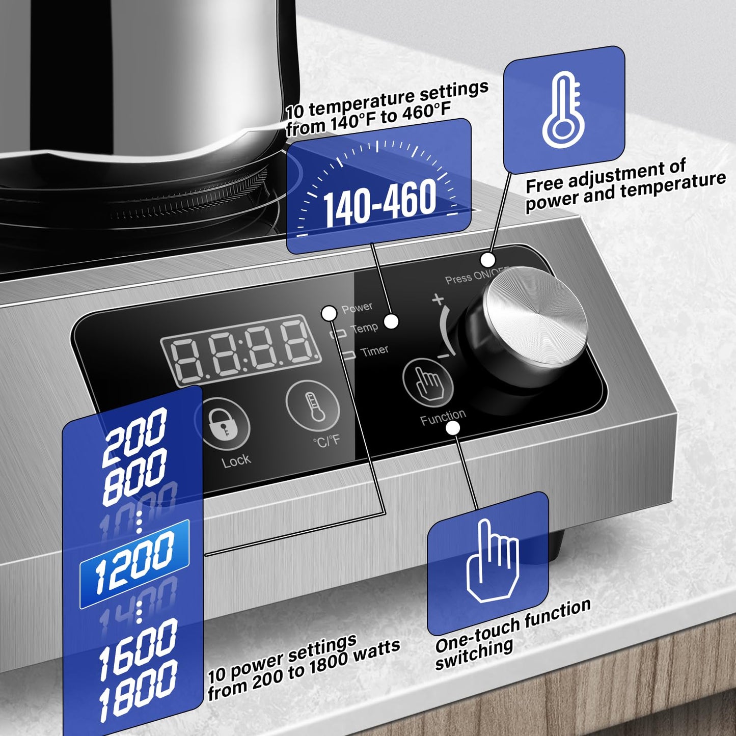 Zomagas 1800W Commercial Induction Cooktop: Features 10-Level Precision Power Control and Low-Noise Cooling for Home Chefs and Party Catering,With Knob and LCD Screen