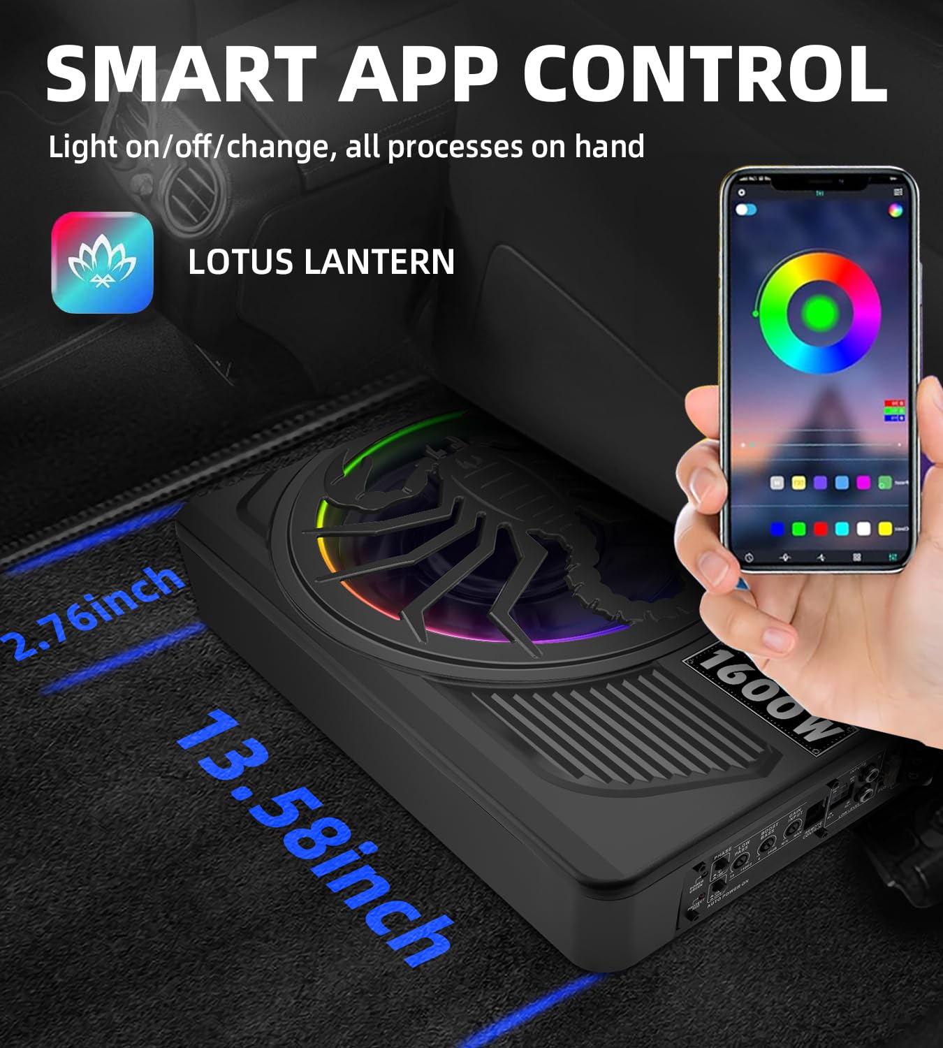 TZGBASS 2026 Upgraded 1600W Slim Underseat Car Subwoofer and Amp Package with RGB Beat-Synced Light, Individual Control for Low Pass/Gain/Boost Bass, Clean Deep Bass Perfect for Truck, SUV, Jeep