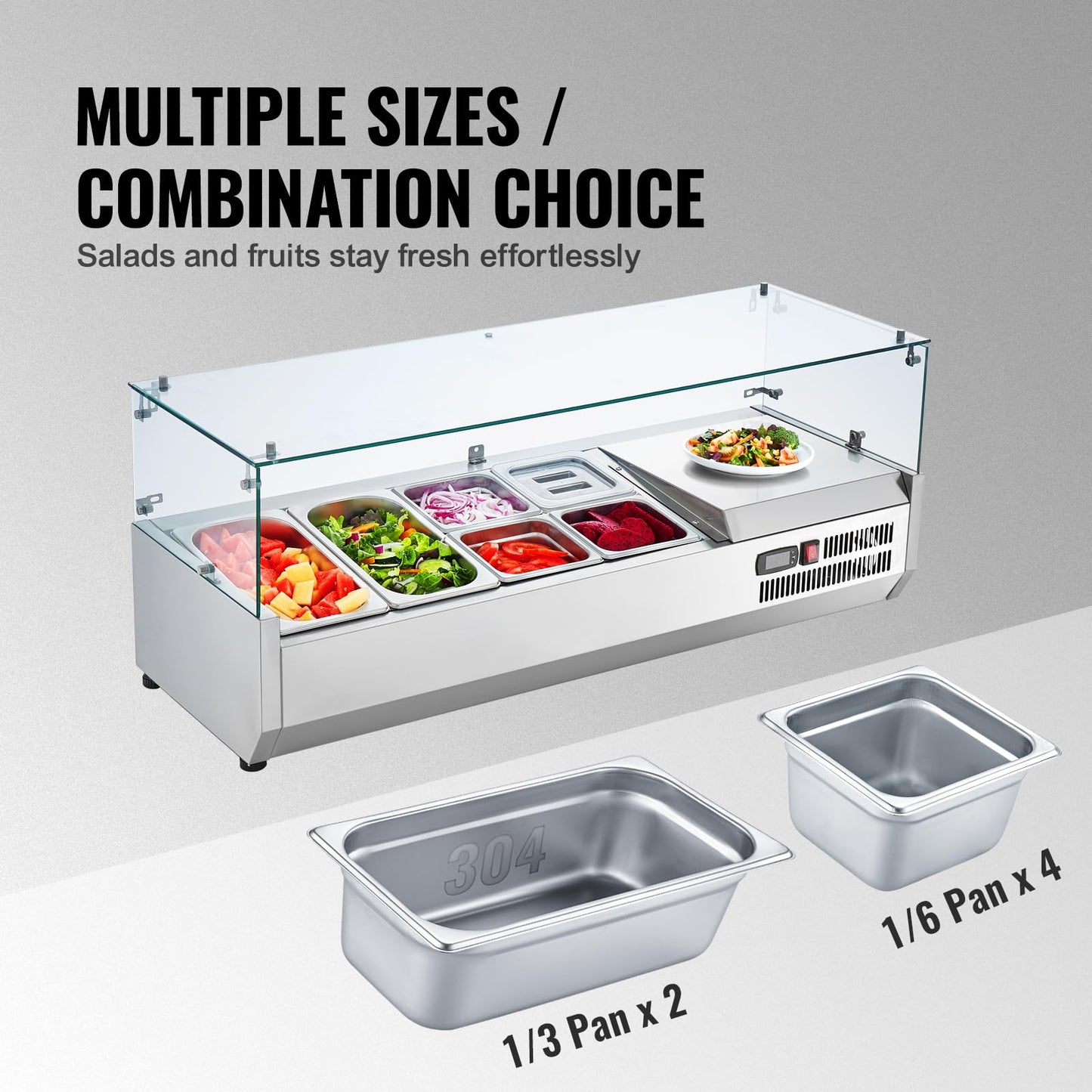 VEVOR Condiment Prep Rail Station, 135 W Countertop Refrigerated Condiment Station, with 2 1/3 4 1/6 Pans, 304 Stainless Body and PC Lid, Sandwich Prep Table with Glass Guard, ETL, Silver