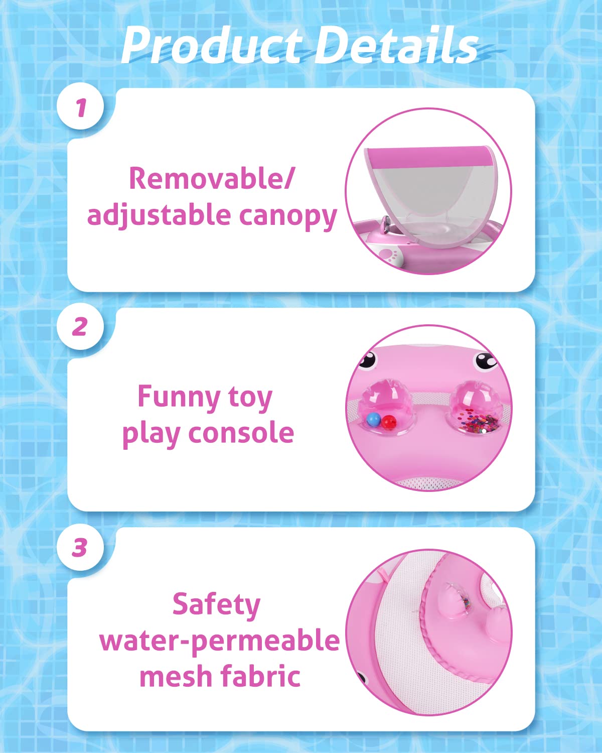 Relaxing Baby - Pool Float with Adjustable Seat Pocket,Baby Swimming Float with Canopy of UPF 50+ UV Protection, Super Safety Bear-Shaped Baby Floats for 6-36 Months,Pink Bear