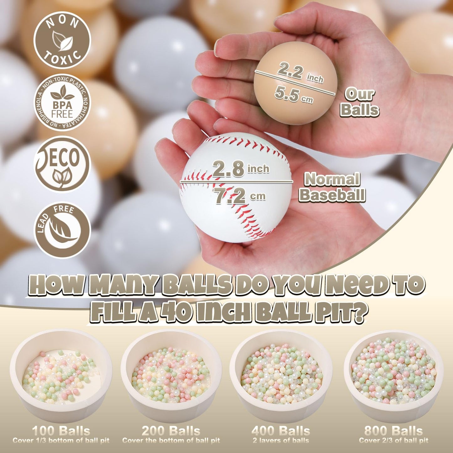 GOGOSO Ball Pit Balls for Toddlers Kids Plastic Balls for Ball-Pit Playpen Pool Baby Play Pastel BPA-Free Non Toxic Play Pastel Crush Proof Bal Beige Light Gray White 200pcs