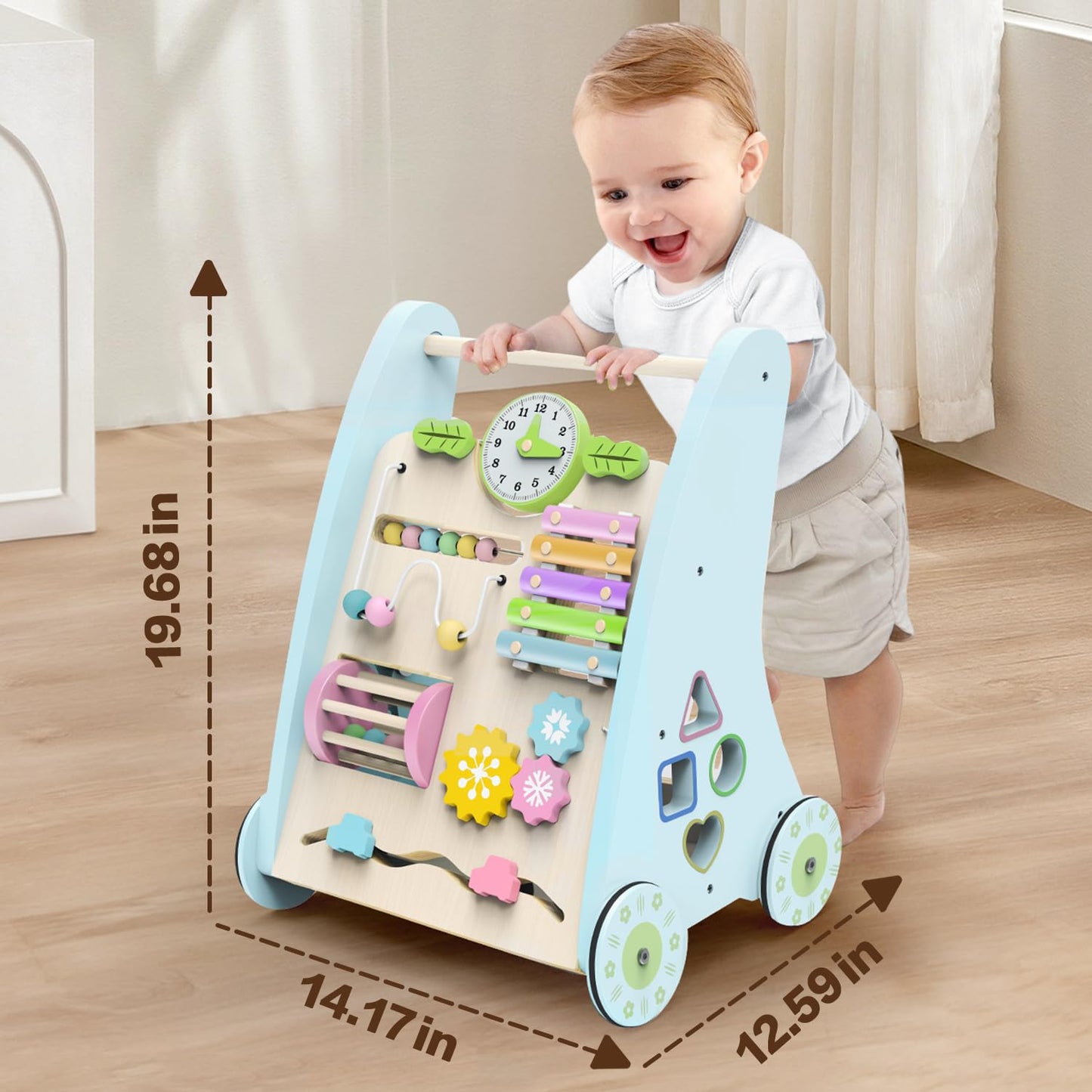 Wooden Baby Walker,Adjustable Speed Push Walker with Wheels and Learning Activity Center,Montessori Walker for Babies 12 Months,Baby Walker Push Toys for Baby Boys and Girls Gifts (Blue)