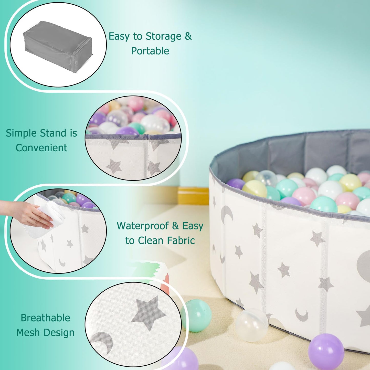 40Inch Kids Ball Pit, Foldable & Portable & Reusable Balls Pool for Toddlers,Playpen/Fence for Baby, Play Pool for Dog, Indoor & Outdoor Use, Oversized (Star/Moon)