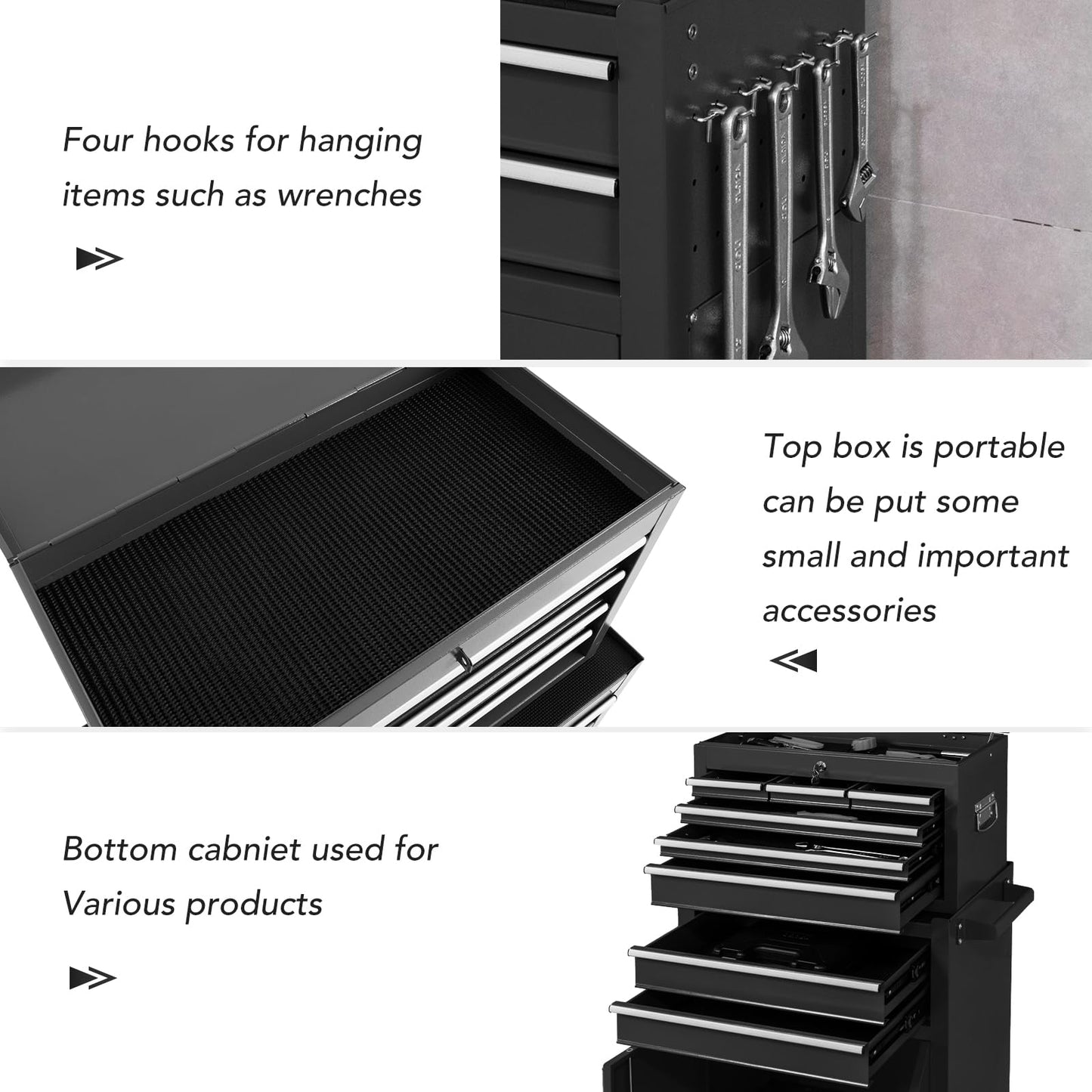 WAYTRIM 8-Drawer Rolling Tool Chest, Tool Storage Cabinet, Detachable Organizer Combo, Side Hooks & Drawer Liners, w/Wheels Lock & Key, Tool Storage Organizer Box for Garage, Repair Shop (Black)