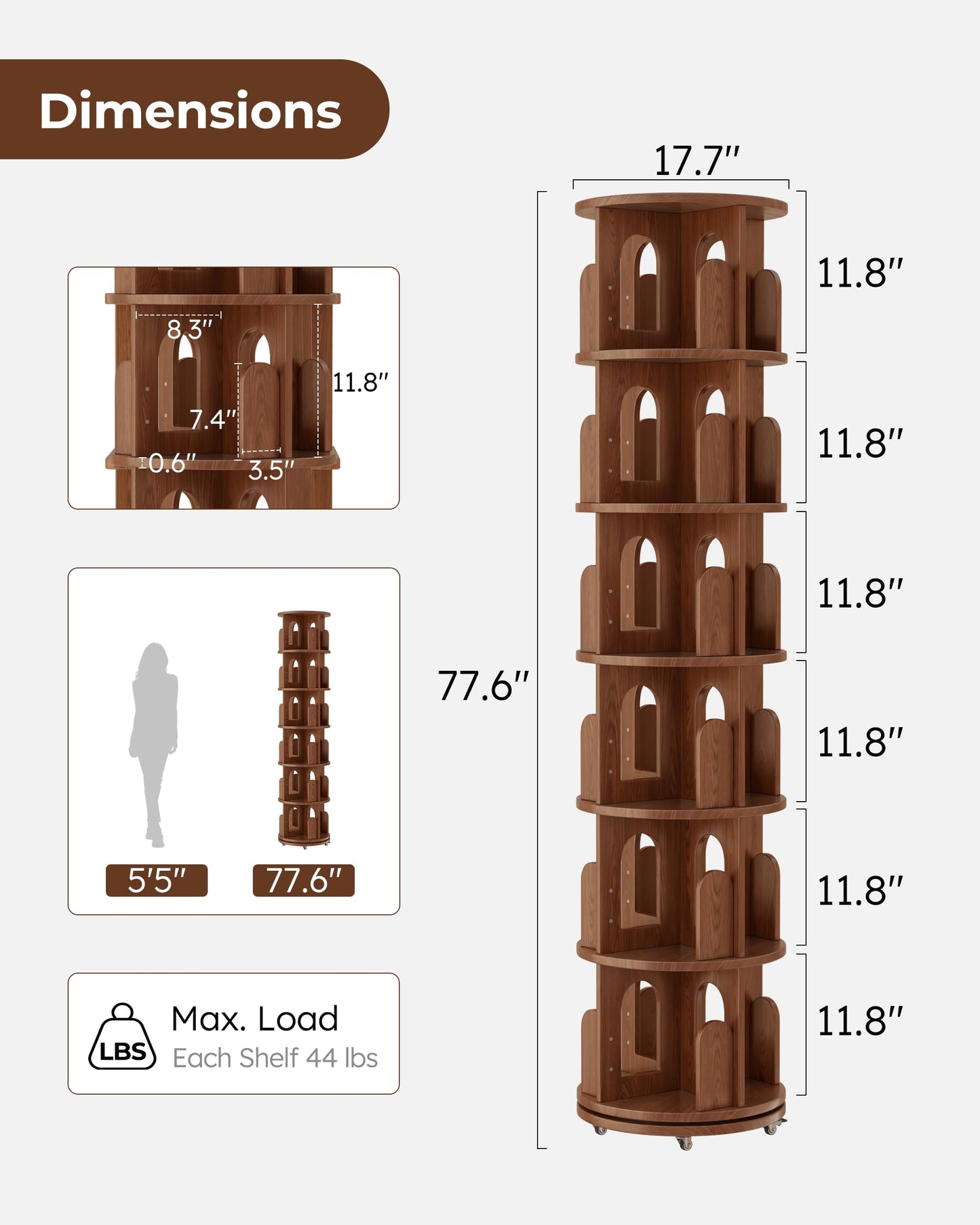 DONGMUWUJEE Solid Wood Rotating Bookshelf Tower, 6 Tier Corner Bookshelf with Bookends, Kids Spinning Book Shelf with Wheels, Revolving Bookcase Shelf, Tall Narrow Bookshelves for Small Spaces, Walnut