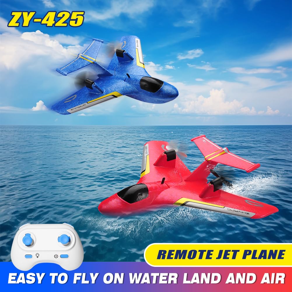 RoofWorld RC Water Plane,RC Airplane for Water Land and Air, Remote Control Airplane Flying Fighter Toys,2.4GHz 6-axis Gyro Stabilizer RTF Glider Aircraft Jet for Kids Adults Beginners Boys (Blue)