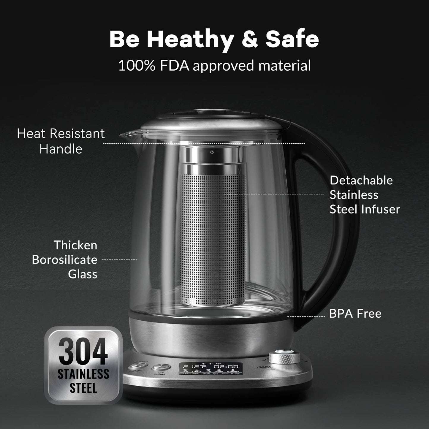 Mecity Electric Tea Kettle with Removable Infuser, 9 Preset Brewing Programs, Temperature Control, 2 Hours Keep Warm, Borosilicate Glass, 1.7 Liter, 1200W