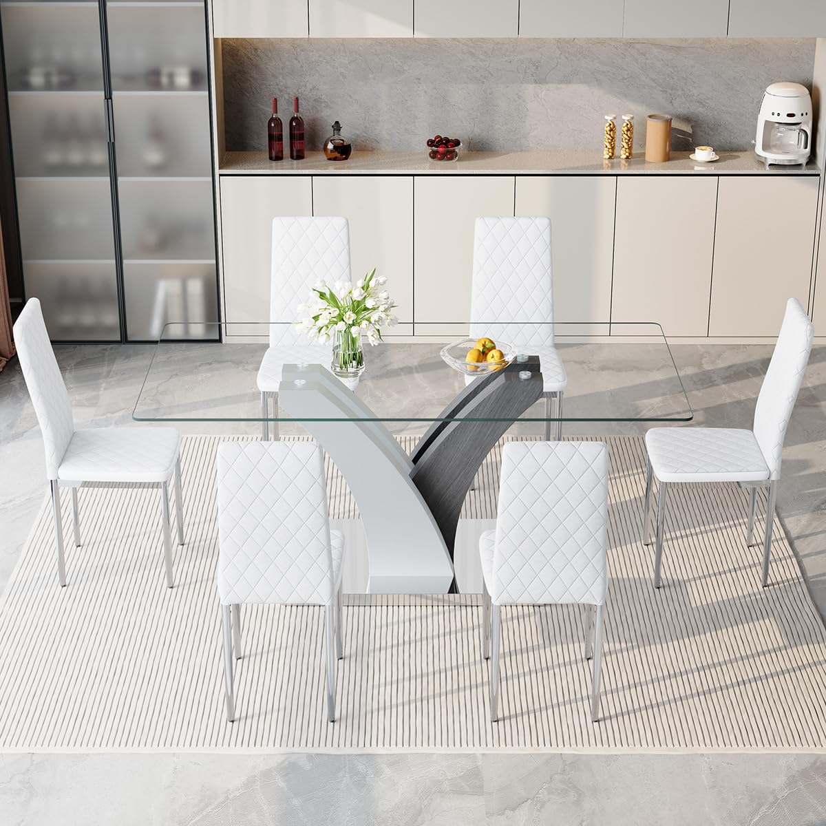 JEARGE Glass Dining Table Set for 6, 7 Piece Dining Room Table Set for 6, 71" Large Kitchen Table Set with Upholstered Chairs, Rectangular Tempered Glass Tabletop with DIY Style Leg