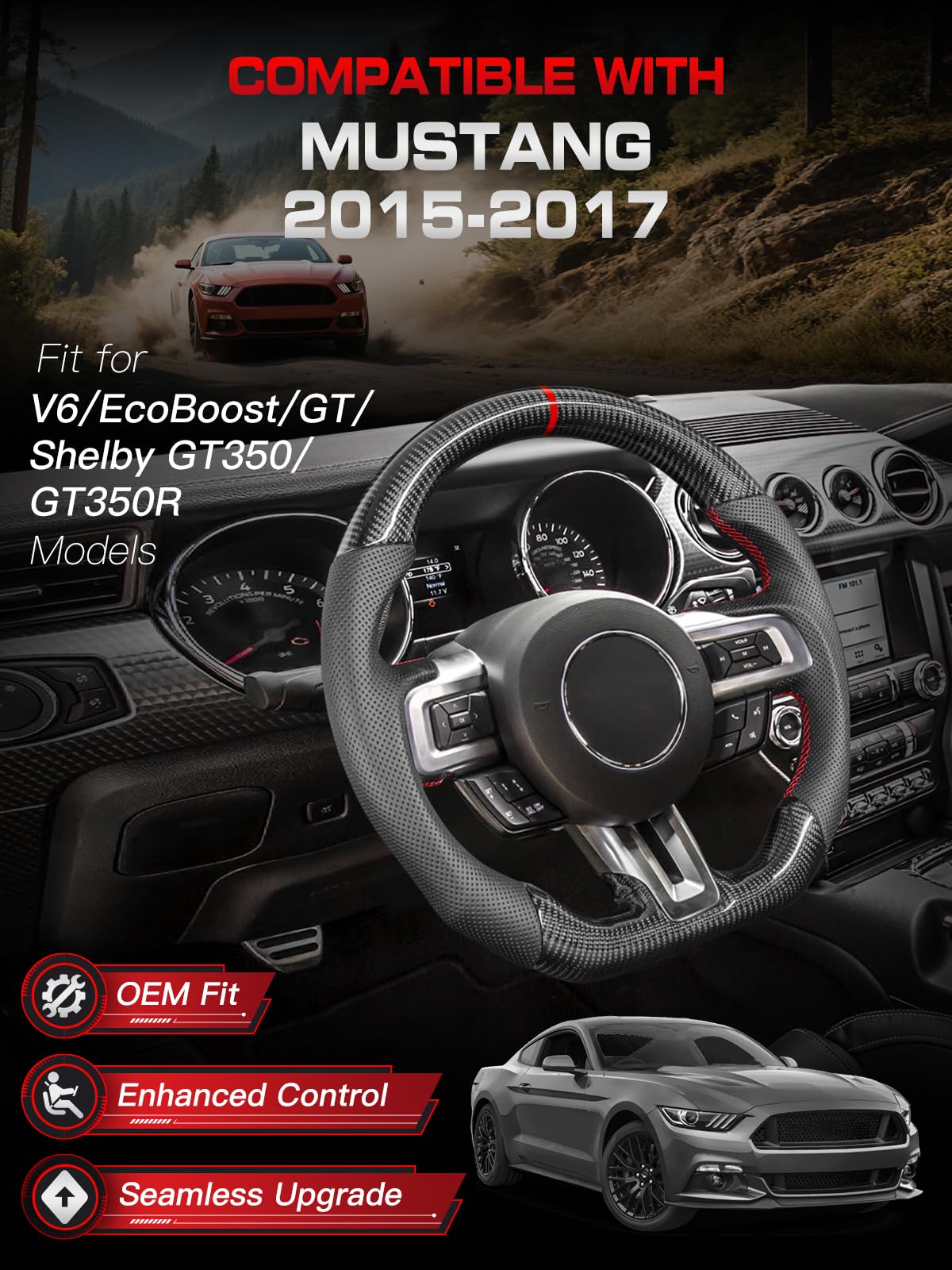 TESFEEL Real 3K Carbon Fiber Steering Wheel for Ford Mustang 2015-2017, D-Shape Flat Bottom, Premium Nappa Leather with Red Stripe & Hand-Stitching, for V6/Base/EcoBoost/GT/Shelby GT350&GT350R