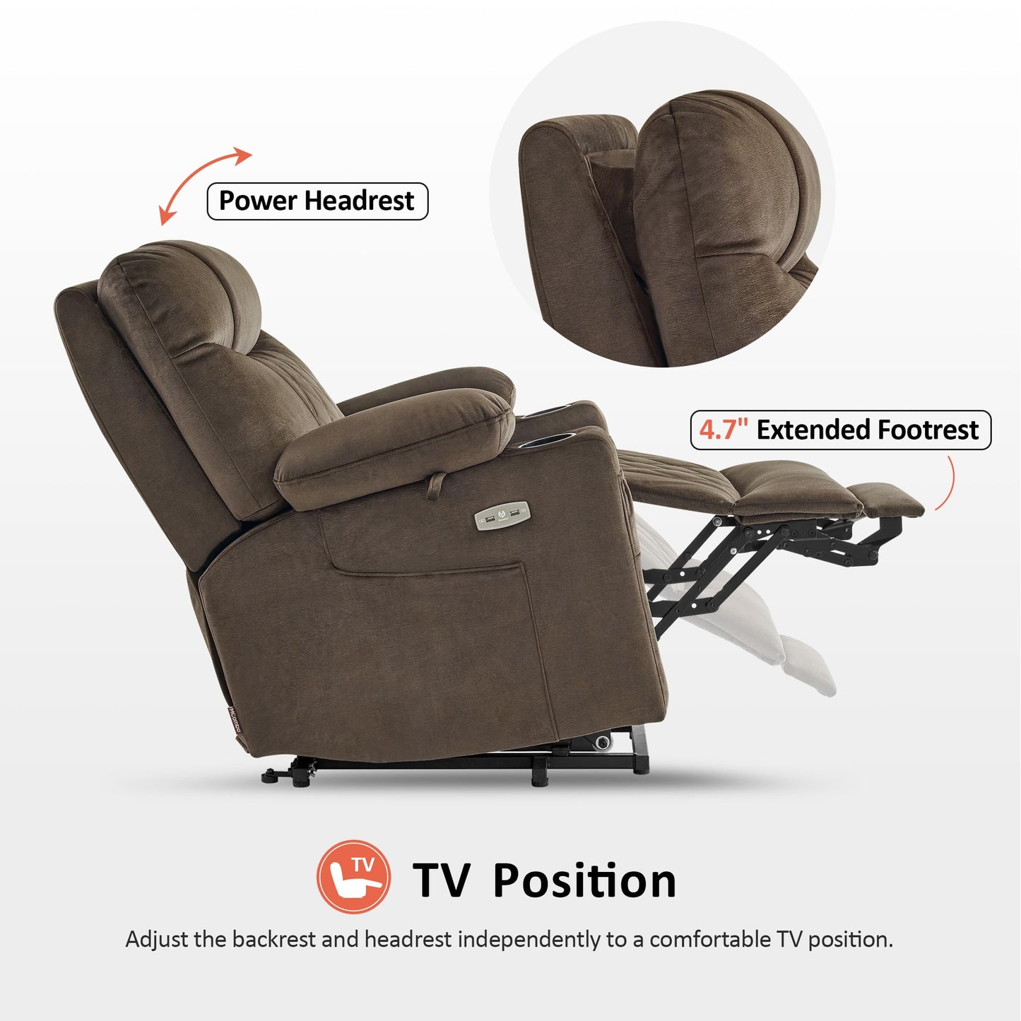 MCombo Small Size Triple Motor Power Lift Recliner Chair Sofa with Massage and Dual Heating, Adjustable Headrest for Elderly People Petite, USB Ports, Extended Footrest, Fabric 7222 (Coffee)