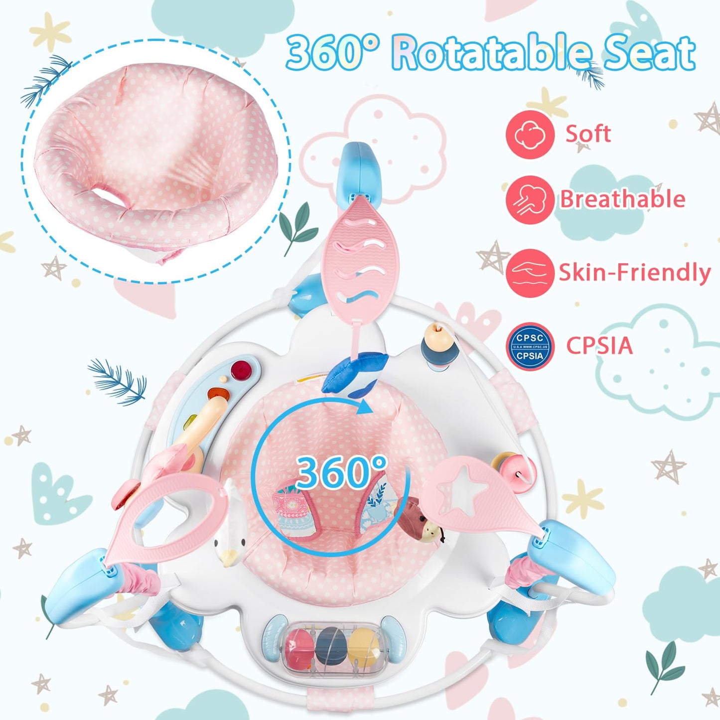 Otrolepota Baby Activity Center, Infant Jumpers and Bouncers with Music, Lights, Infant Toys, 360°Rotating Seat, 3 Adjustable Heights, Baby Play and Learning Center for 6+ Months
