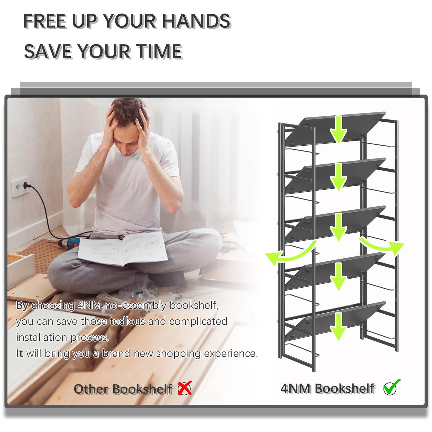 4NM No Assembly 5 Tiers Collapsible Book Shelves, 51.2" H Folding Bookshelf Bookcase Open Industrial Foldable Shelves for Bedroom, Living Room, Home Office - All Black