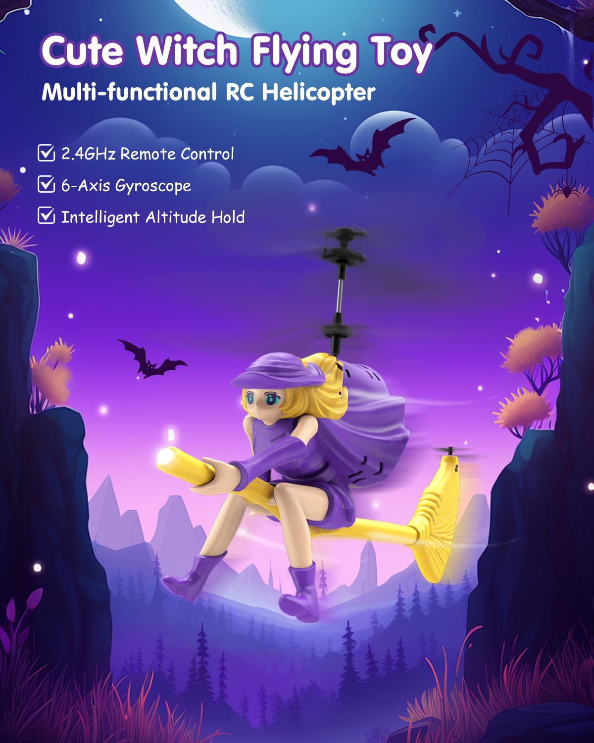NEVZAN RC Helicopter Toy for Girls, Flying Witch Remote Control Helicopter with LED Lights, Indoor Outdoor Flying Toy for Kids, Cute Cartoon Gifts for Girls Age 6+
