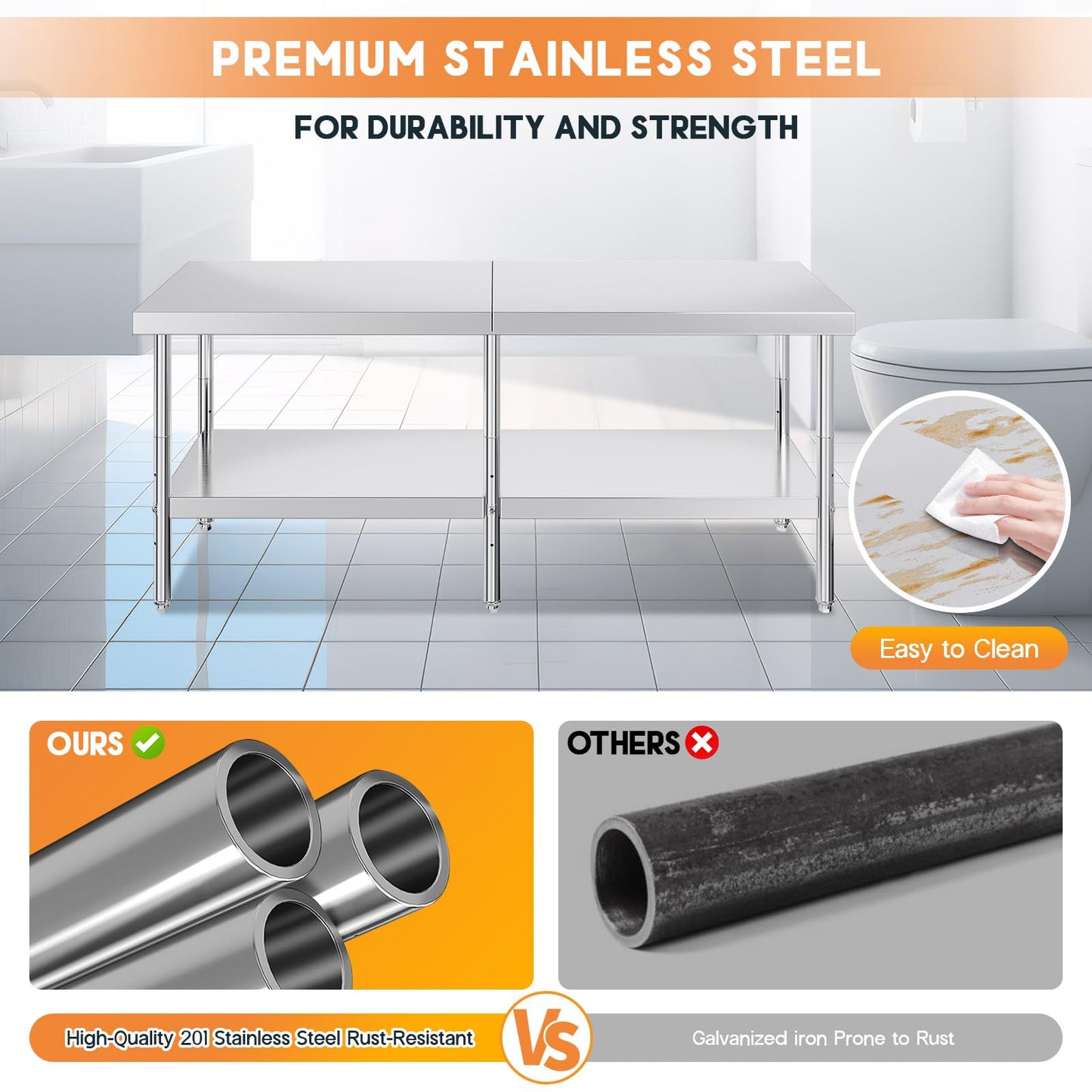 Jocisland 30" x 82" Stainless Steel Table for Prep & Work, NSF Certified Adjustable Under Shelf and Feet, for Commercial Kitchen, Restaurant, Hotel and Garage