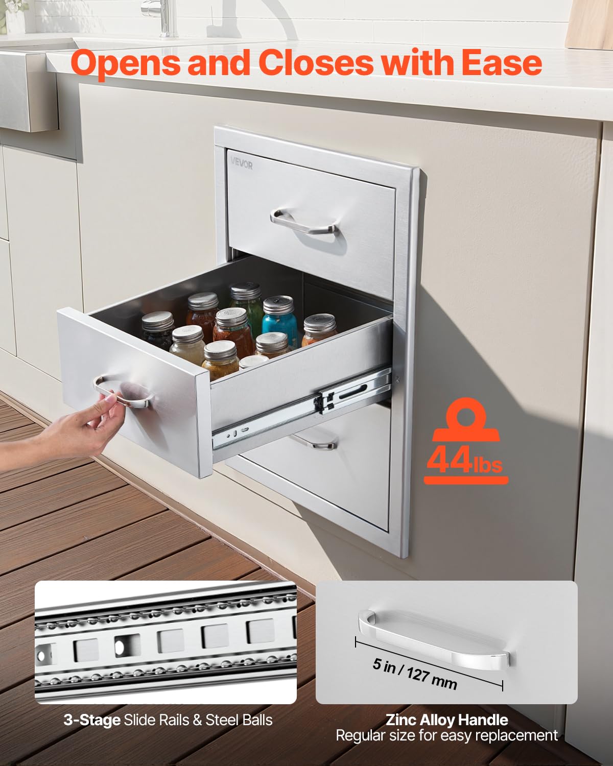 VEVOR Outdoor Kitchen Drawers 18.11"W x 23.23"D x 23.23"H, Triple-Access Stainless Steel BBQ Drawers with Handles, BBQ Island Drawer for Outdoor Kitchens or Barbeque Island Patio Grill Station