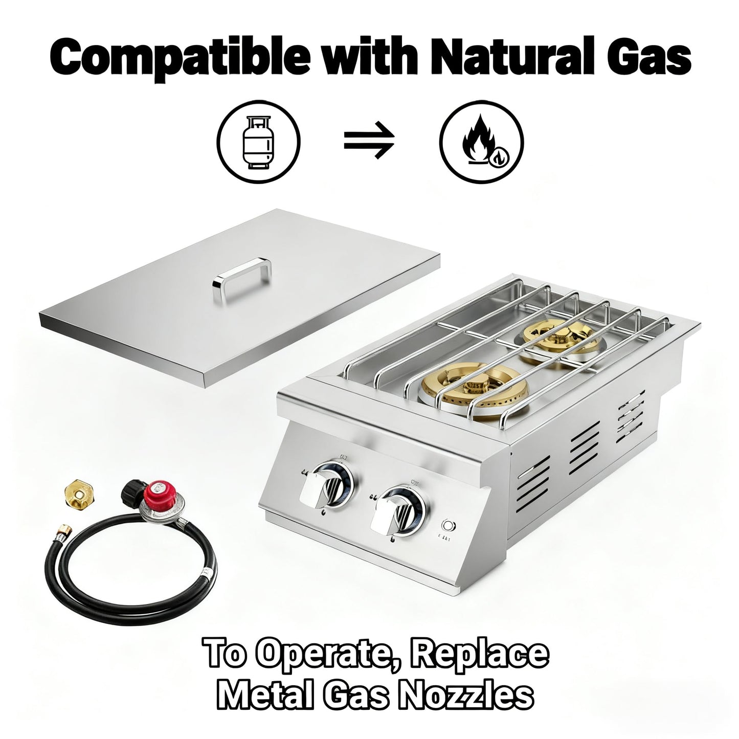 FammyLoft Liquid Propane Double Side Burners, 2x15,000BTU Built-in Double Grill Burners, Convertible to Natural Gas, 304 Stainless Steel Double Burners with Lid for BBQ Grill Island, Outdoor Kitchen