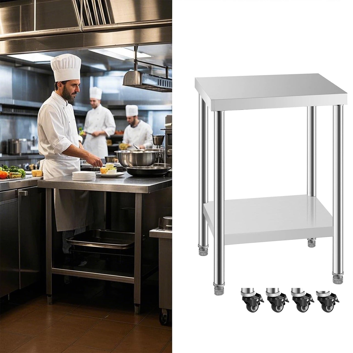 HXCFYP NSF Stainless Steel Table for Prep & Work with Caster 24 x 18 Inches, Metal Commercial Kitchen Table with Under Shelf and Adjustable Table Foot for Restaurant, Home and Hotel