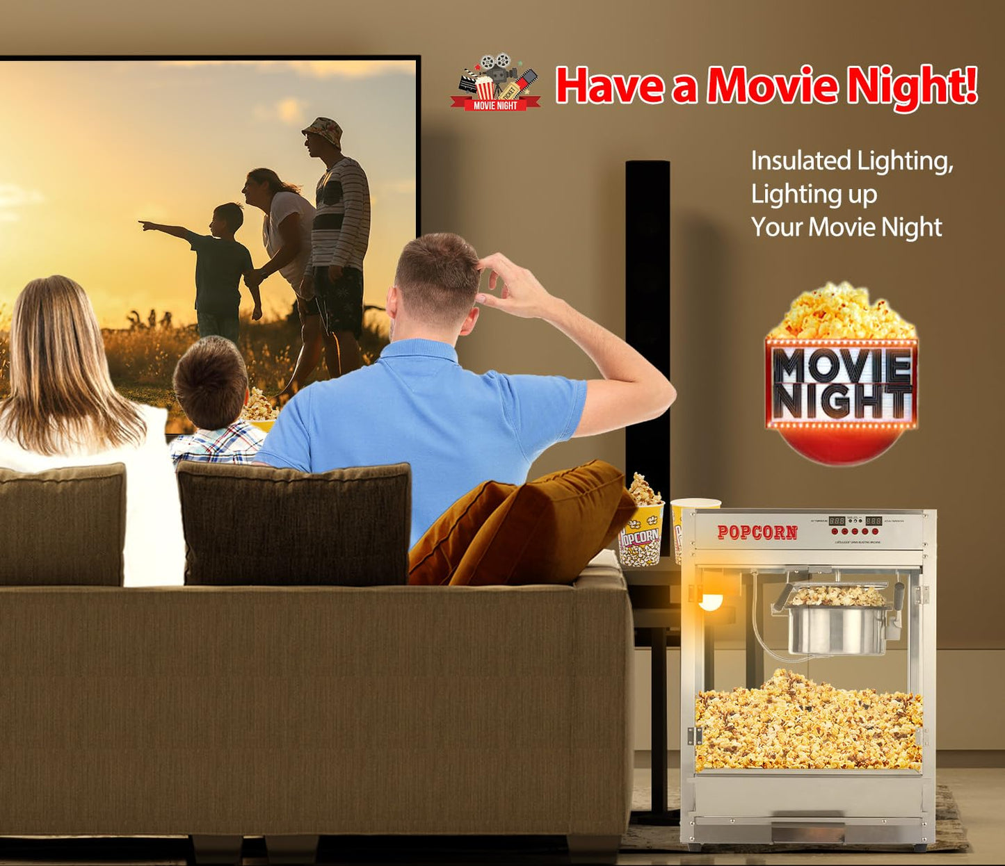 RIEDHOFF 8OZ Popcorn Machine for Movie Night, Temperature Control with Digital Display, Popcorn Popper Machine with 10 PACK Popcorn Buckets, Old Fashion Popcorn Machine Movie Theater Style