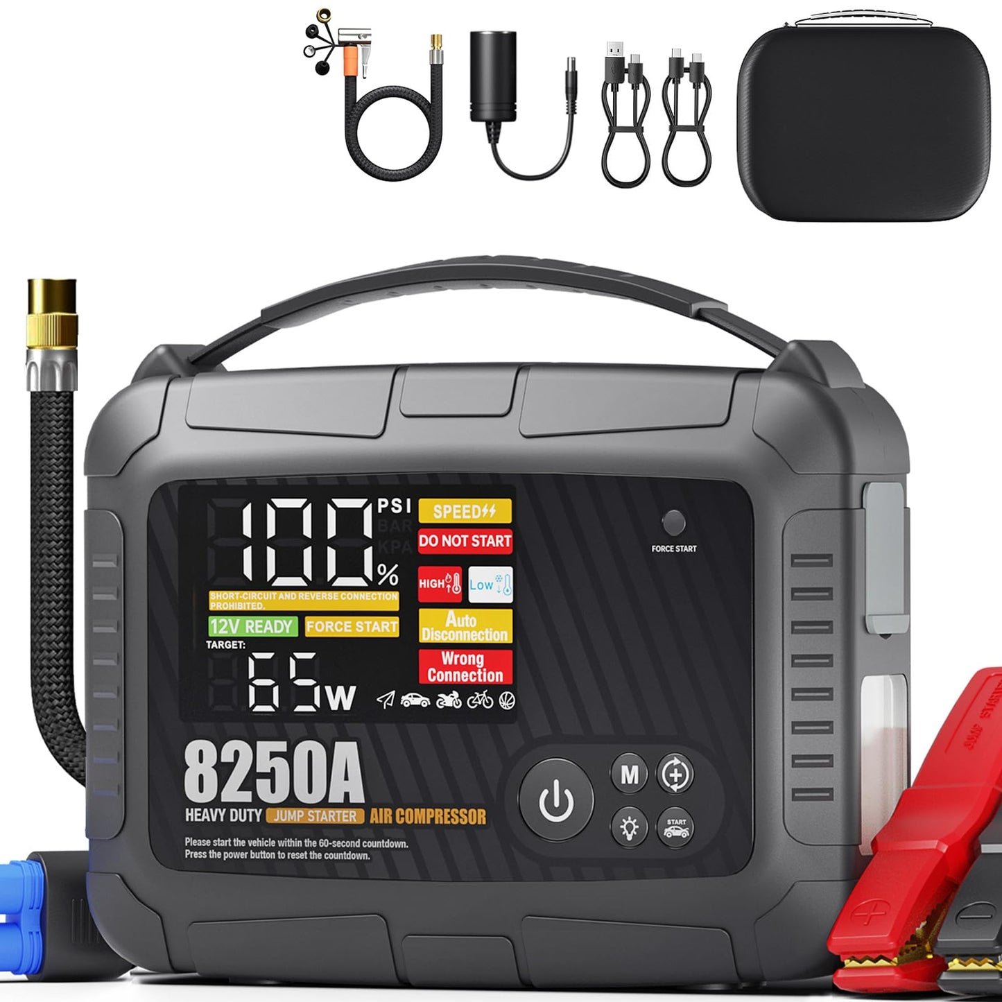 JFEGWO CS02-8250A Jump Starter Heavy Duty with Air Compressor (All Gas/12L Diesel), 118Wh 150PSI Portable Car Truck Jump Pack, 12V Lithium Jump Box Battery Booster Pack 65W Fast Charging LED Display