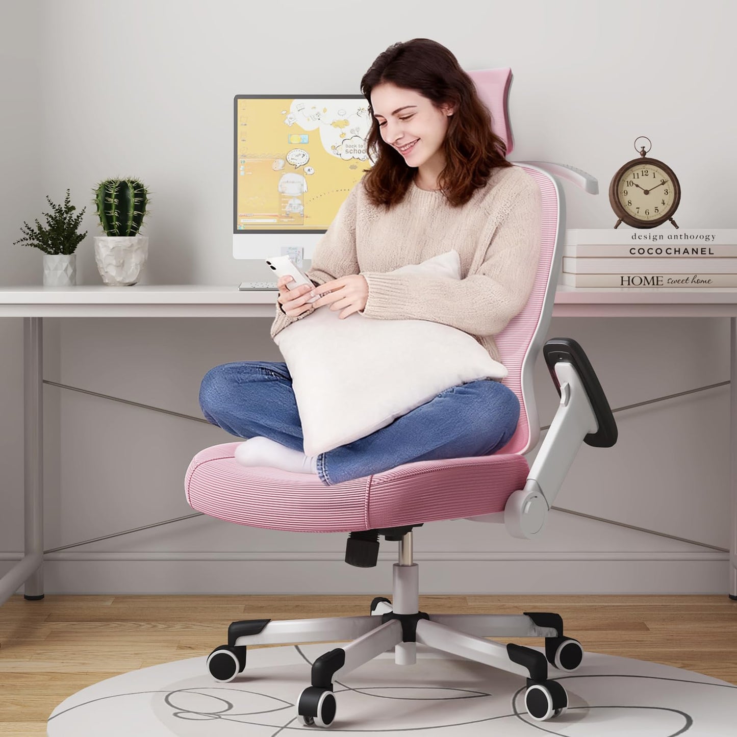 Ergonomic Office Chair Big Tall Reclining Gaming Chair Adjustable Lumbar Support 6D Armrest 6D Headrest Breathable Mesh Swivel Computer Chairs Home Task Desk Chair Wheels Coat Hanger Tilt Lock Pink